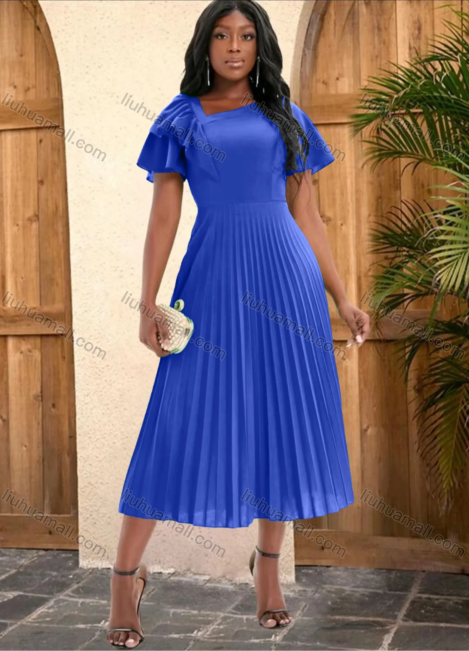 Wholesale Women's Casual Plain Ruffle Trim High Waist Pleated Cocktail Midi Dress - Liuhuamall