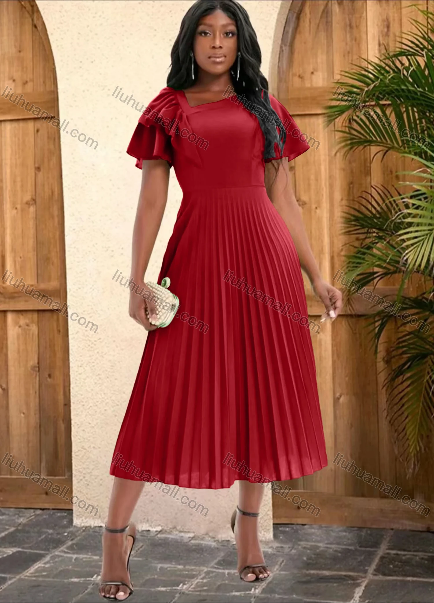 Wholesale Women's Casual Plain Ruffle Trim High Waist Pleated Cocktail Midi Dress - Liuhuamall