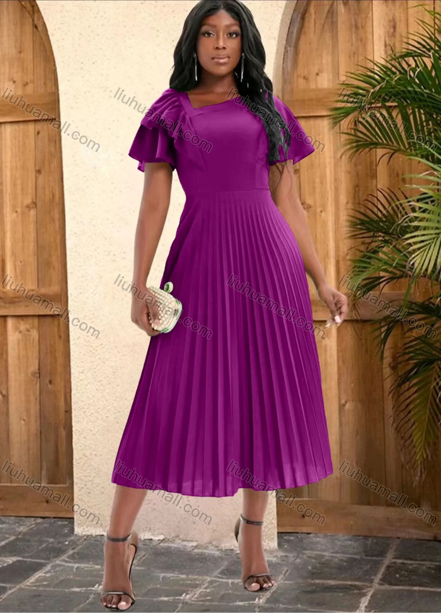 Wholesale Women's Casual Plain Ruffle Trim High Waist Pleated Cocktail Midi Dress - Liuhuamall