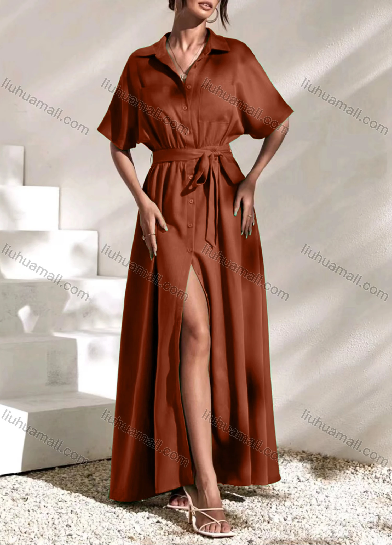 Wholesale Women's Fashion Plain Button Front Short Sleeve Split Maxi Shirt Dress With Belt - Liuhuamall