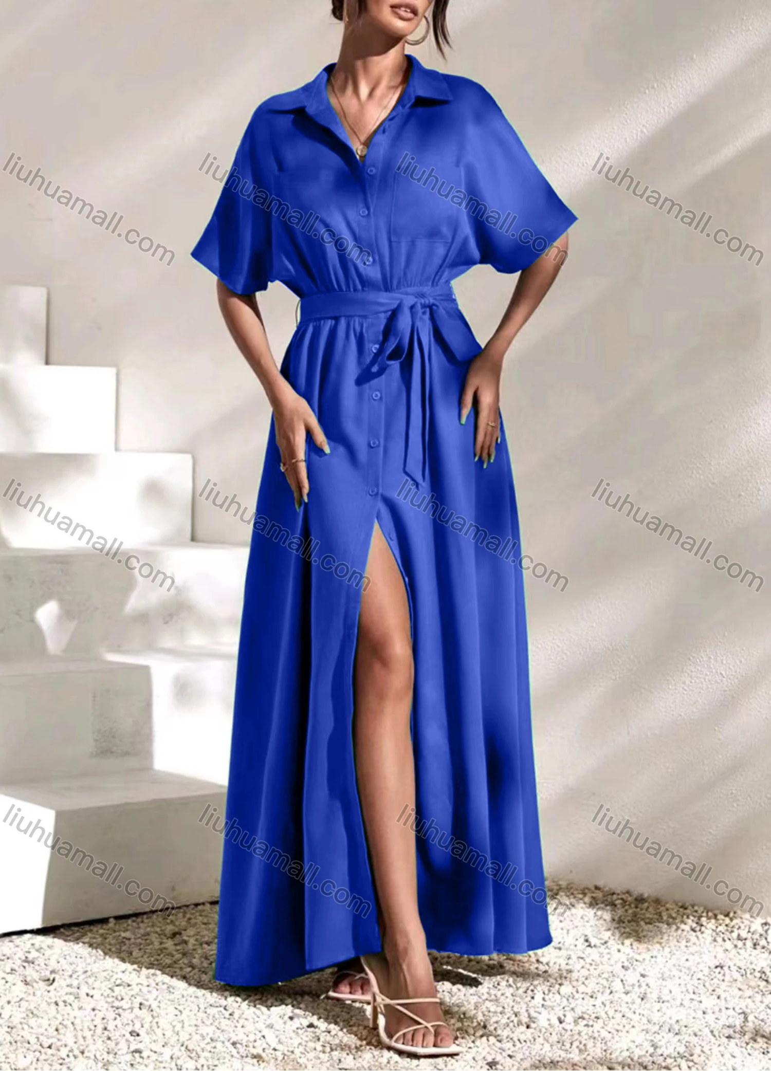 Wholesale Women's Fashion Plain Button Front Short Sleeve Split Maxi Shirt Dress With Belt - Liuhuamall