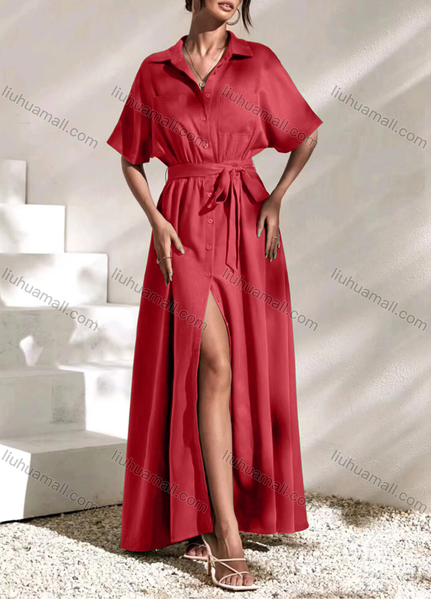Wholesale Women's Fashion Plain Button Front Short Sleeve Split Maxi Shirt Dress With Belt - Liuhuamall