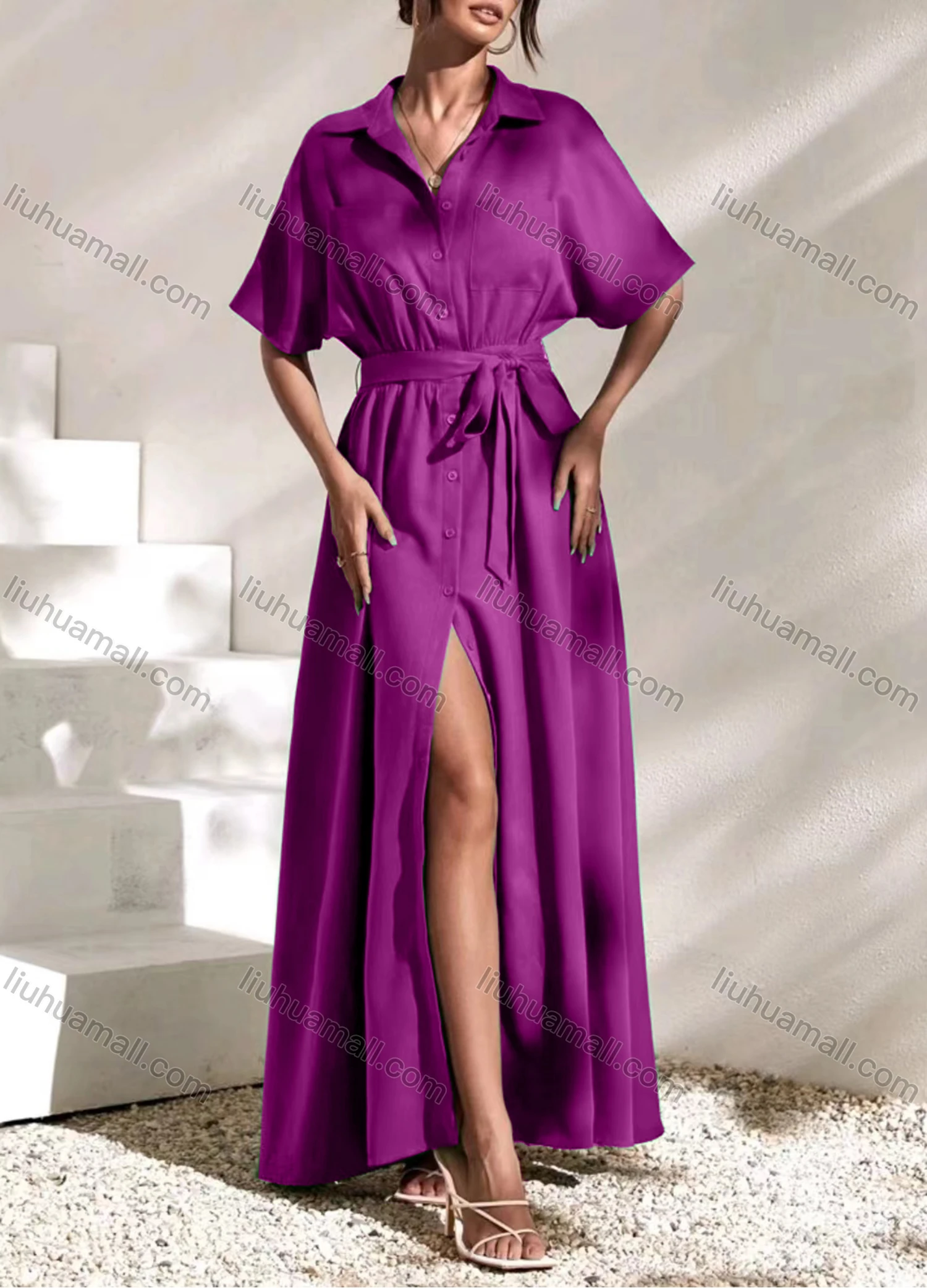 Wholesale Women's Fashion Plain Button Front Short Sleeve Split Maxi Shirt Dress With Belt - Liuhuamall