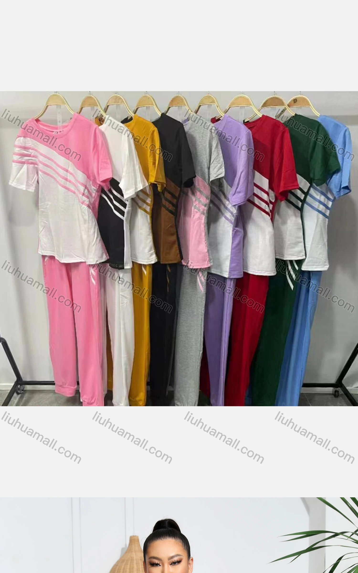 Wholesale Women's Sporty Short Sleeve Striped T-shirt Sweatpants 2-piece Set - Liuhuamall