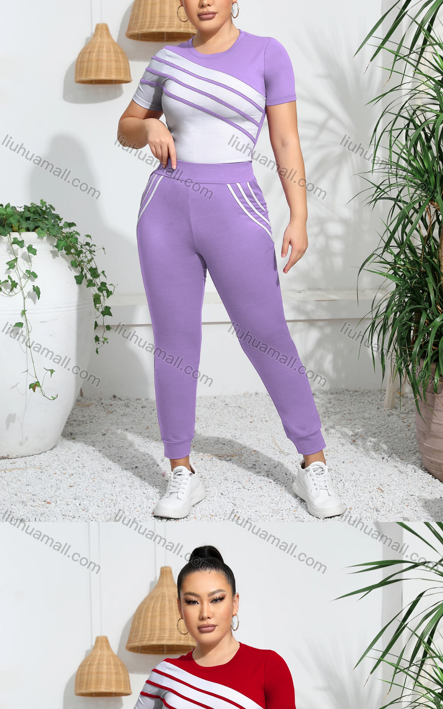 Wholesale Women's Sporty Short Sleeve Striped T-shirt Sweatpants 2-piece Set - Liuhuamall