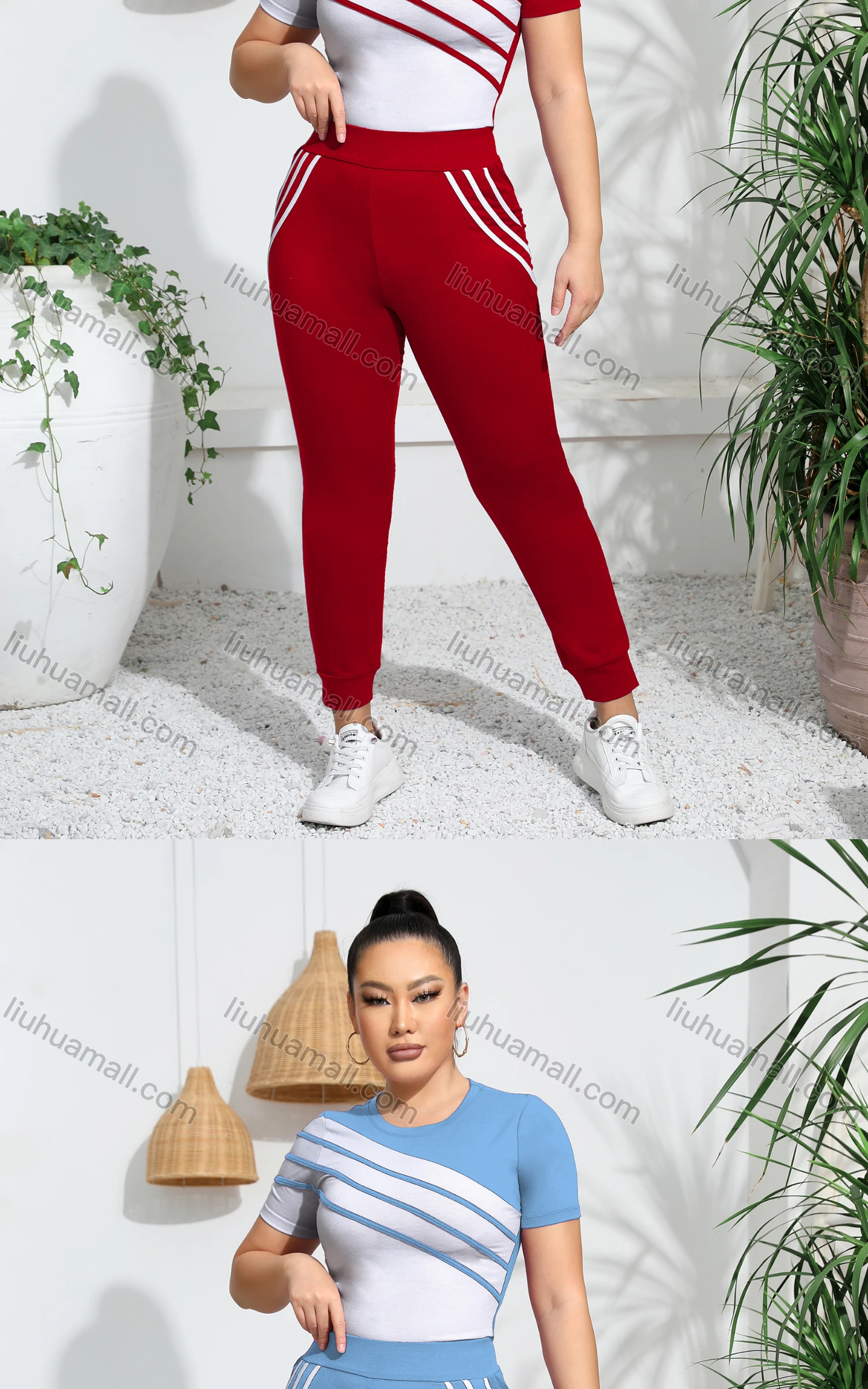 Wholesale Women's Sporty Short Sleeve Striped T-shirt Sweatpants 2-piece Set - Liuhuamall