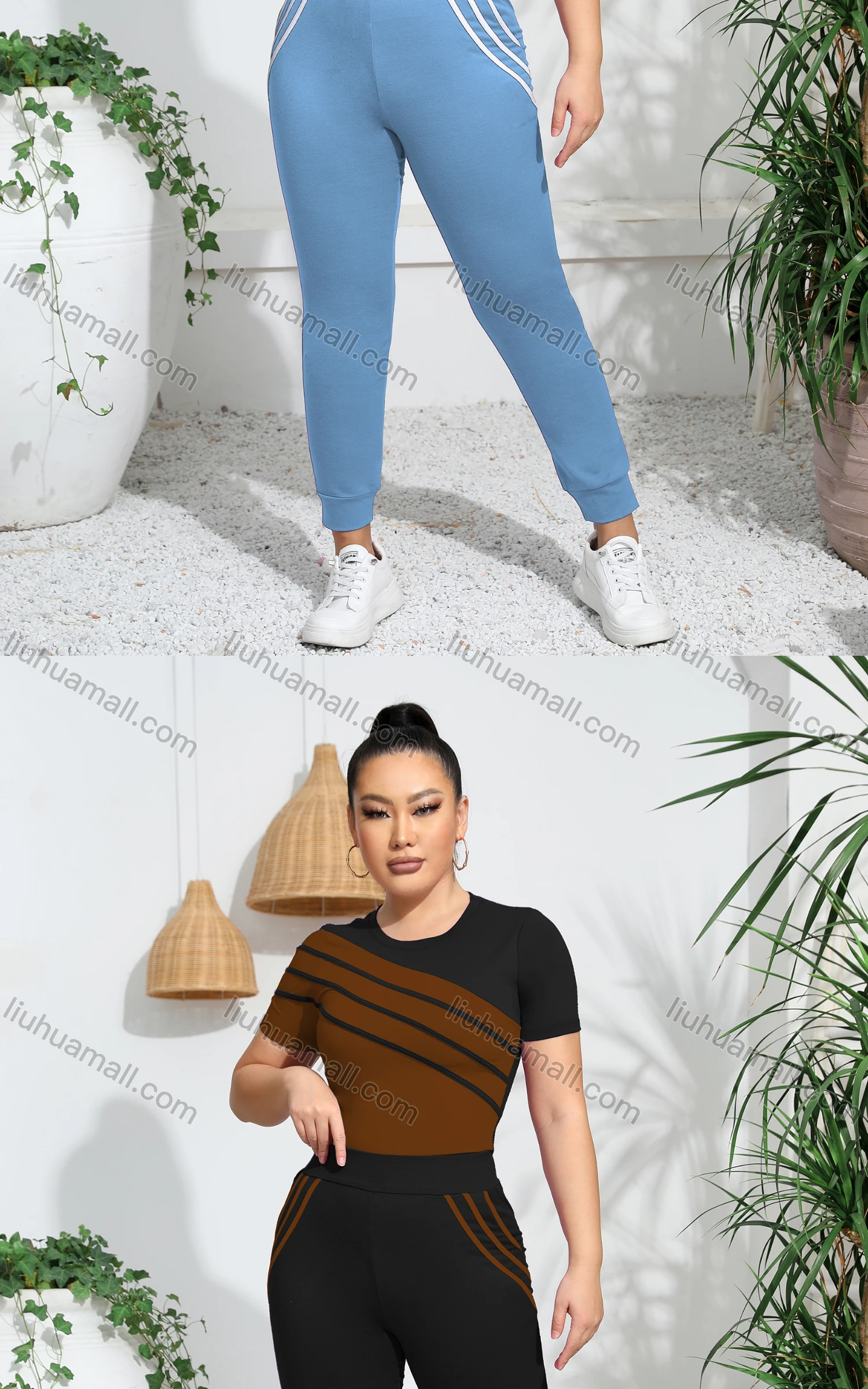 Wholesale Women's Sporty Short Sleeve Striped T-shirt Sweatpants 2-piece Set - Liuhuamall