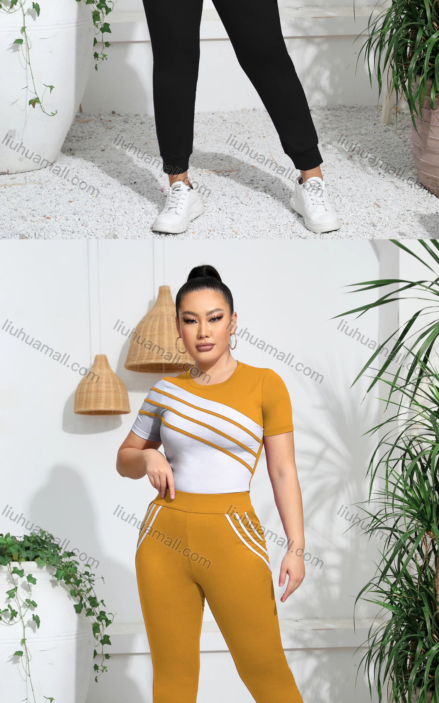 Wholesale Women's Sporty Short Sleeve Striped T-shirt Sweatpants 2-piece Set - Liuhuamall