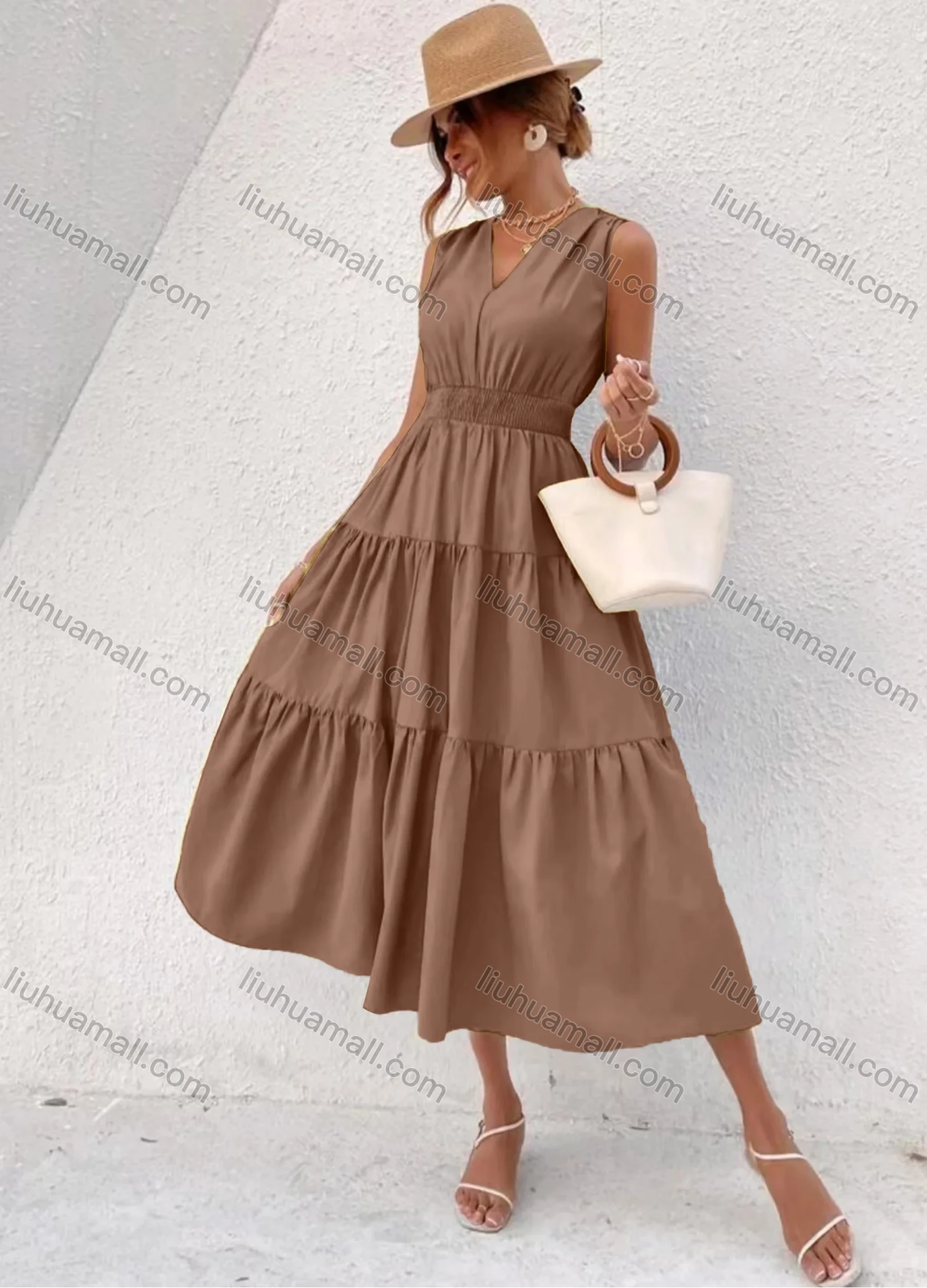 Wholesale Women's Casual Plain V Neck Ruched Lace Up Ruffle Hem Midi Tank Dress - Liuhuamall