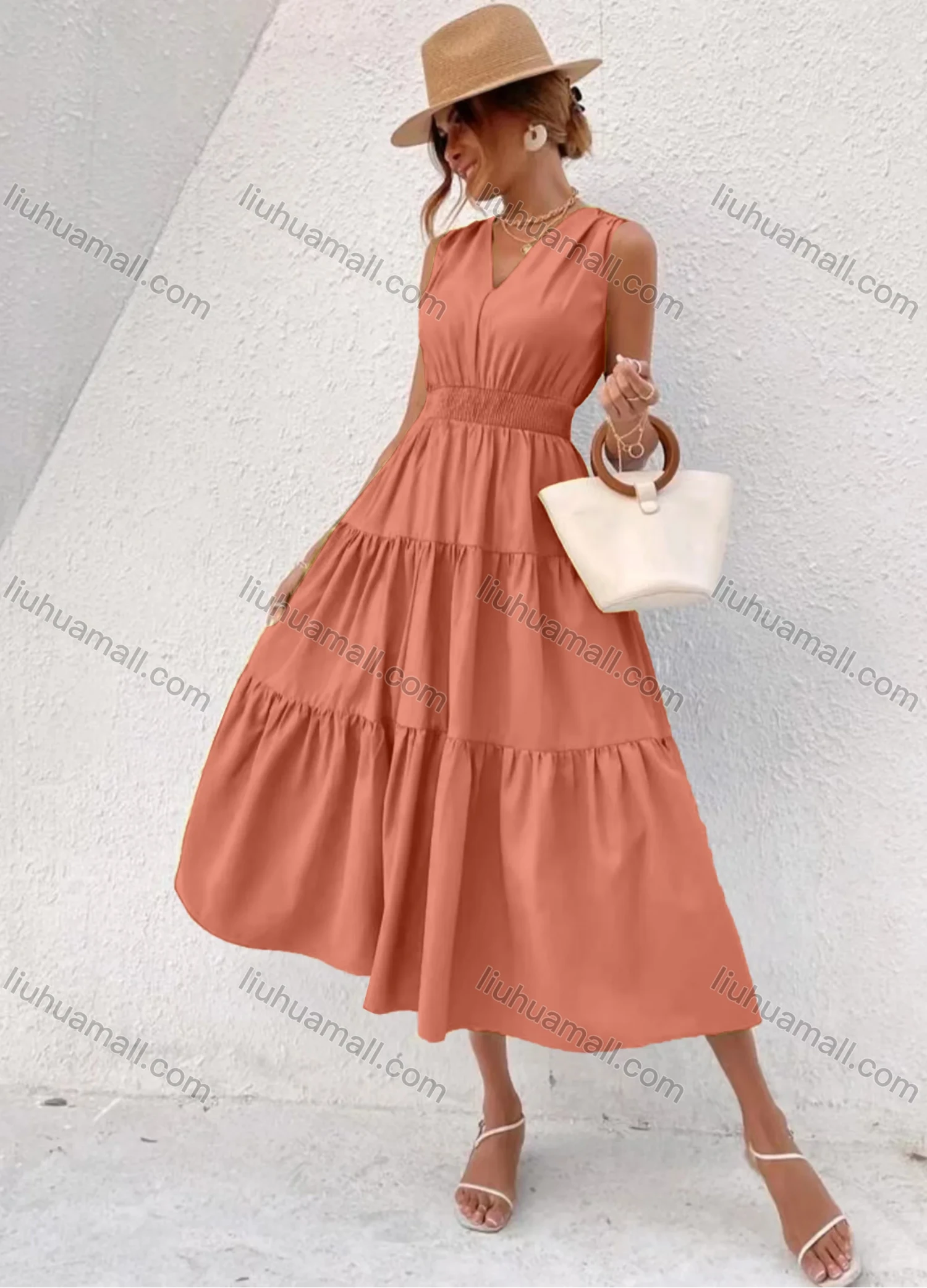Wholesale Women's Casual Plain V Neck Ruched Lace Up Ruffle Hem Midi Tank Dress - Liuhuamall