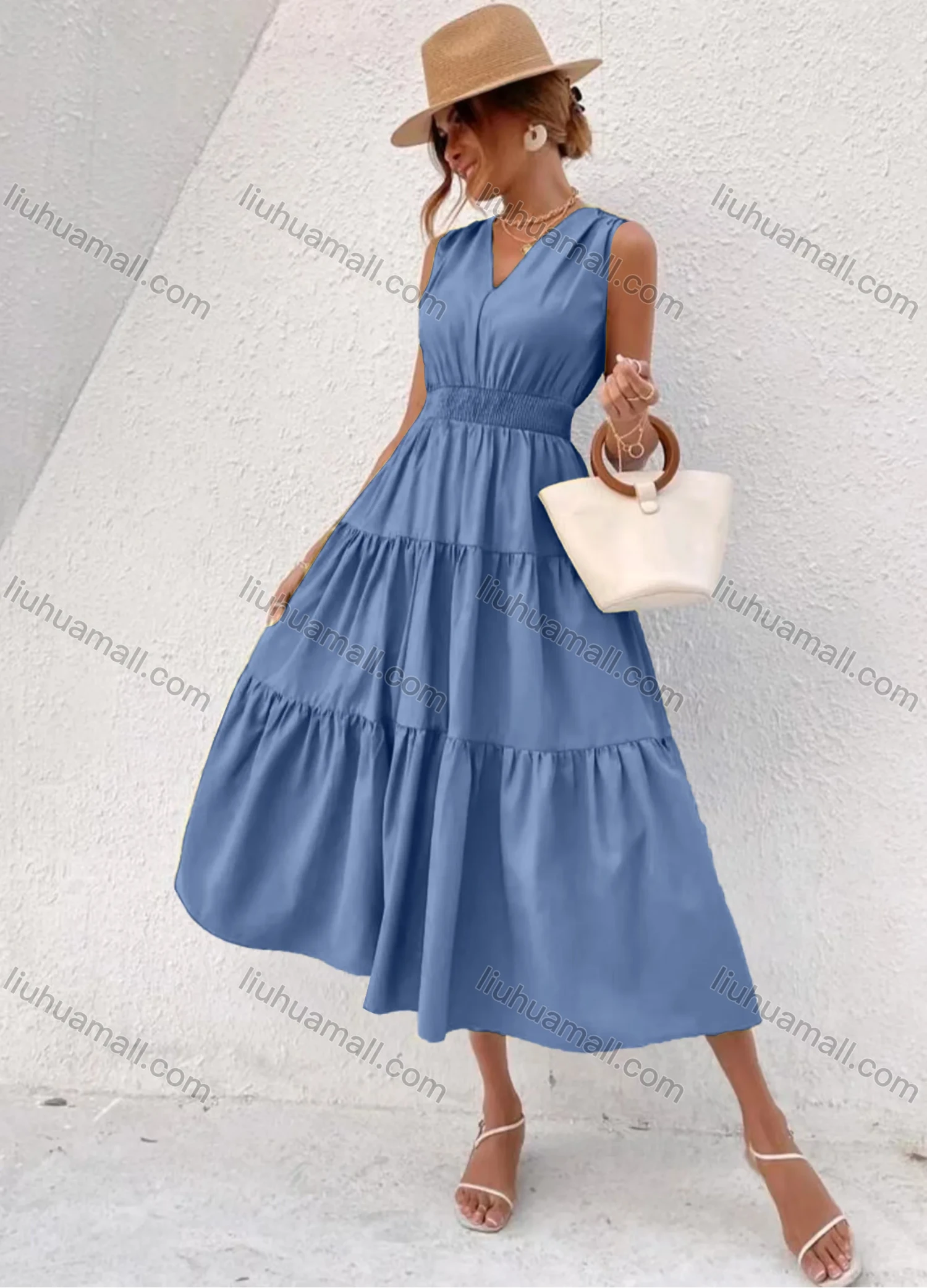 Wholesale Women's Casual Plain V Neck Ruched Lace Up Ruffle Hem Midi Tank Dress - Liuhuamall