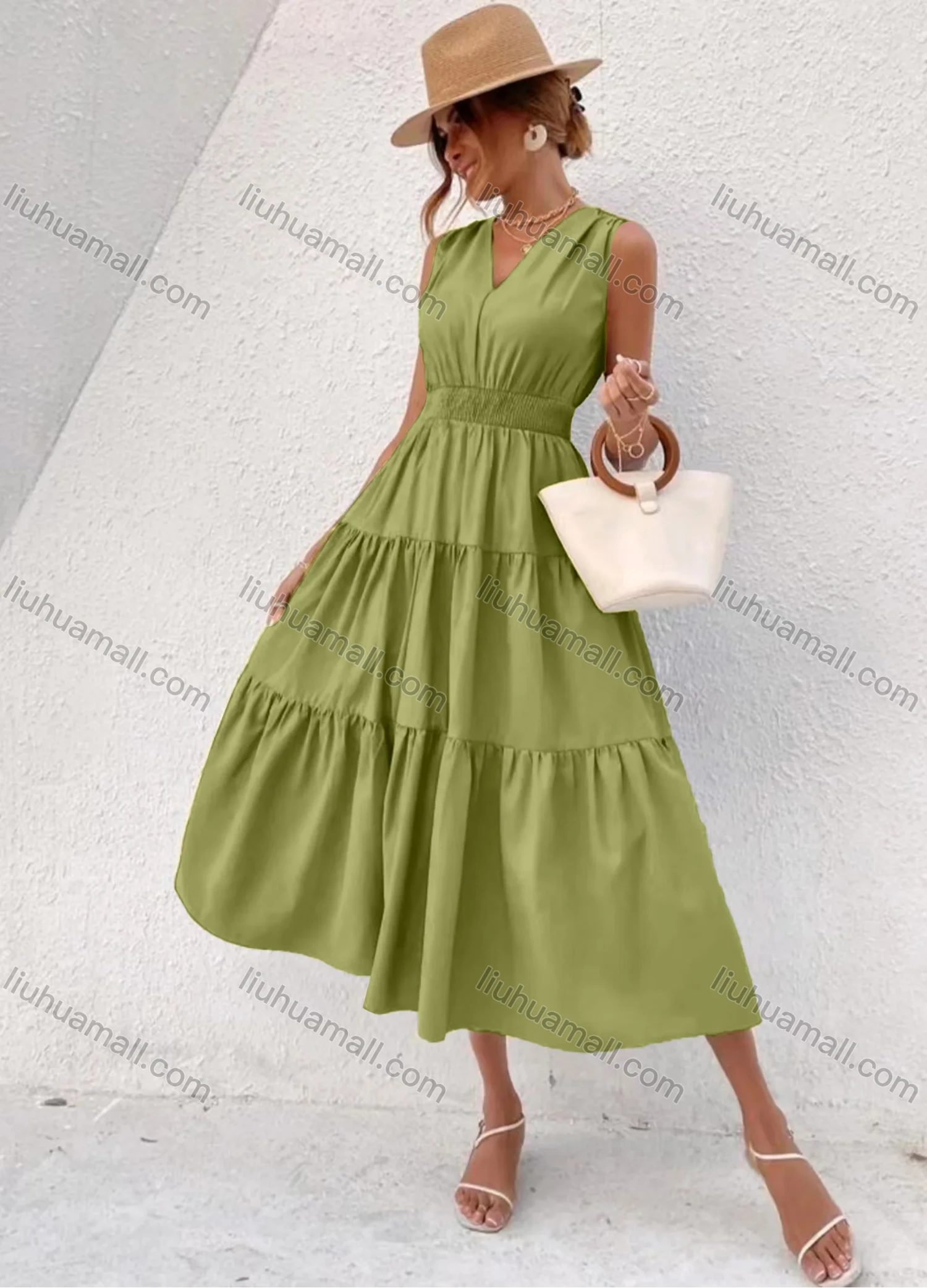 Wholesale Women's Casual Plain V Neck Ruched Lace Up Ruffle Hem Midi Tank Dress - Liuhuamall