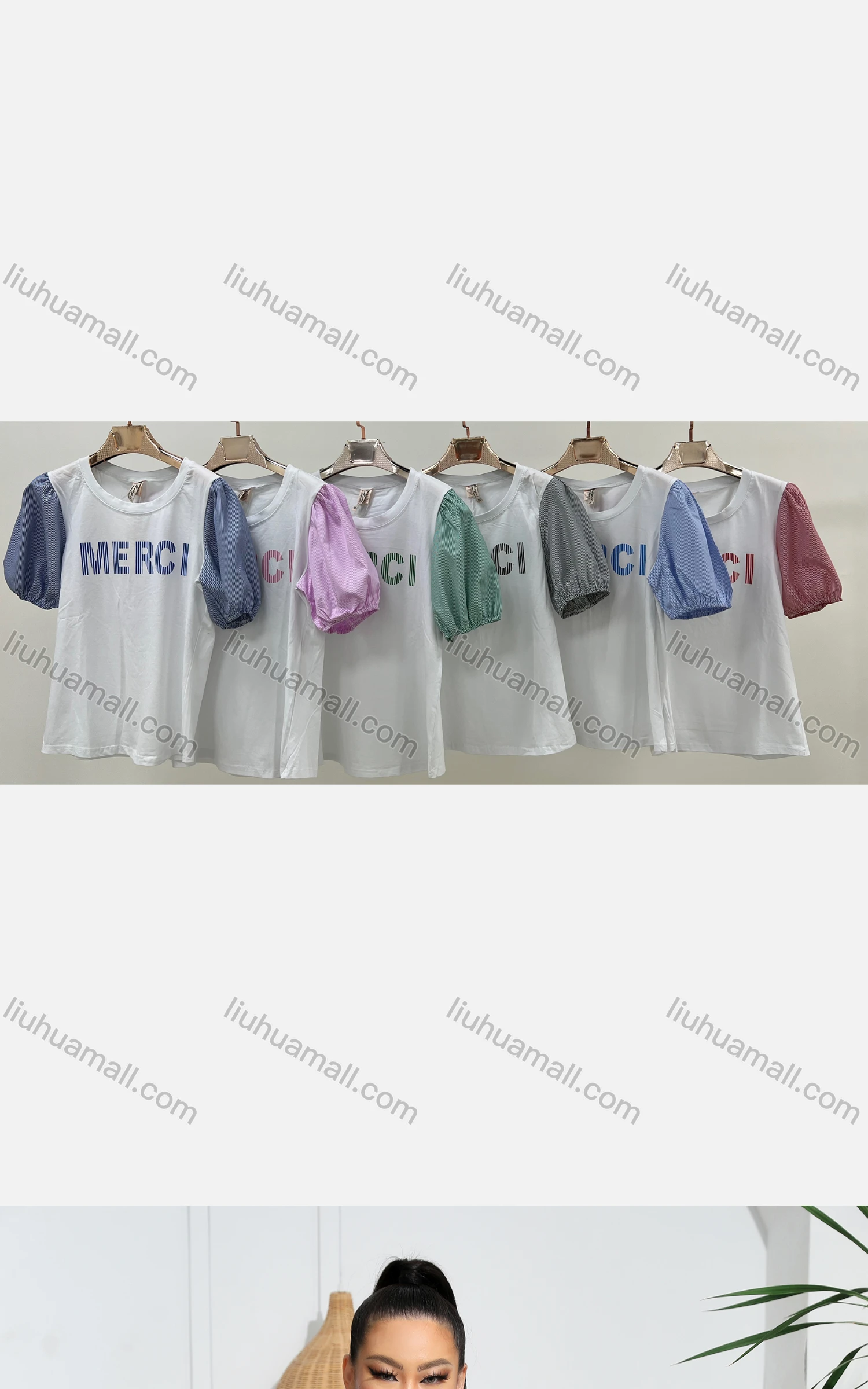 Wholesale Women's Casual Crew Neck Puff Sleeve Letter Colorblock Top - Liuhuamall