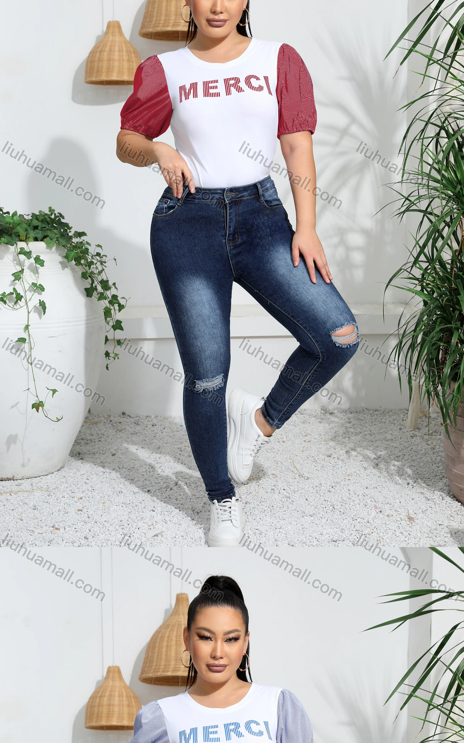 Wholesale Women's Casual Crew Neck Puff Sleeve Letter Colorblock Top - Liuhuamall