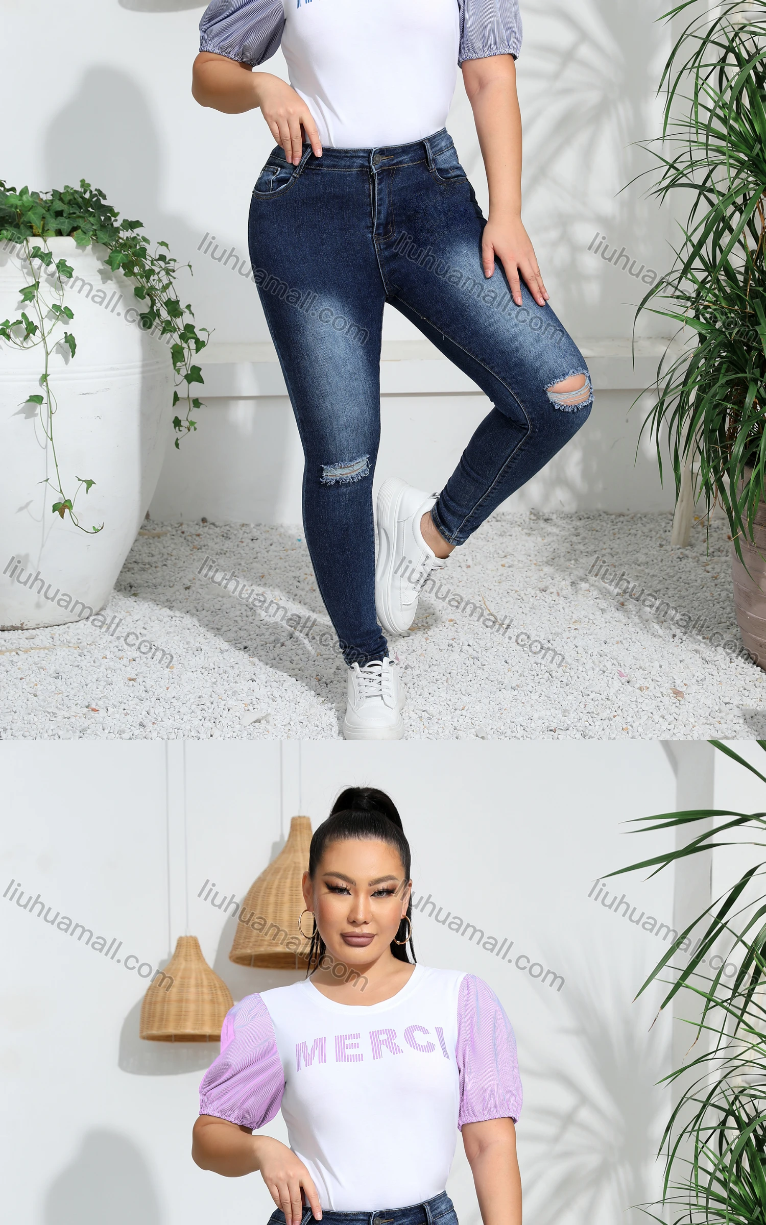 Wholesale Women's Casual Crew Neck Puff Sleeve Letter Colorblock Top - Liuhuamall