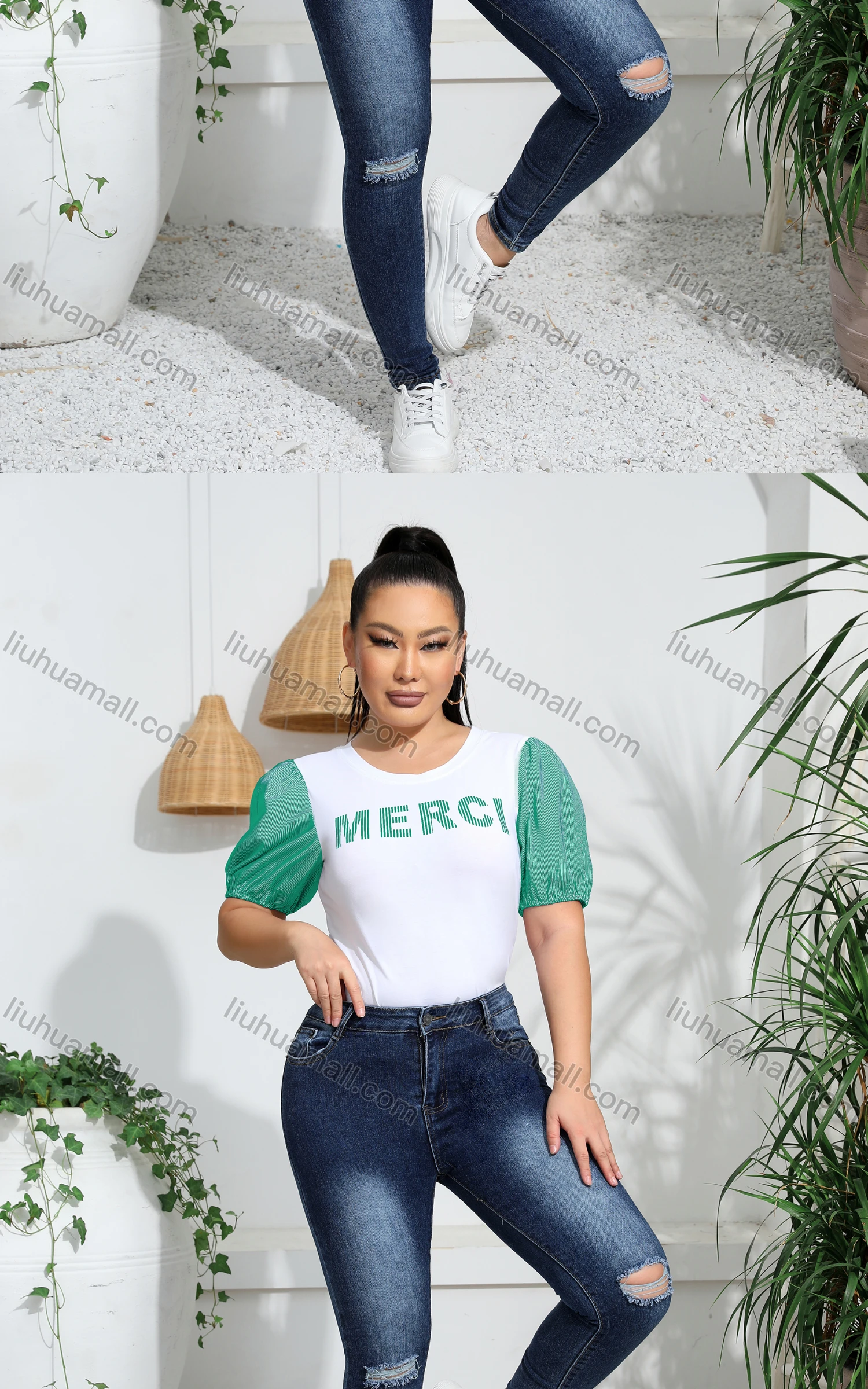 Wholesale Women's Casual Crew Neck Puff Sleeve Letter Colorblock Top - Liuhuamall