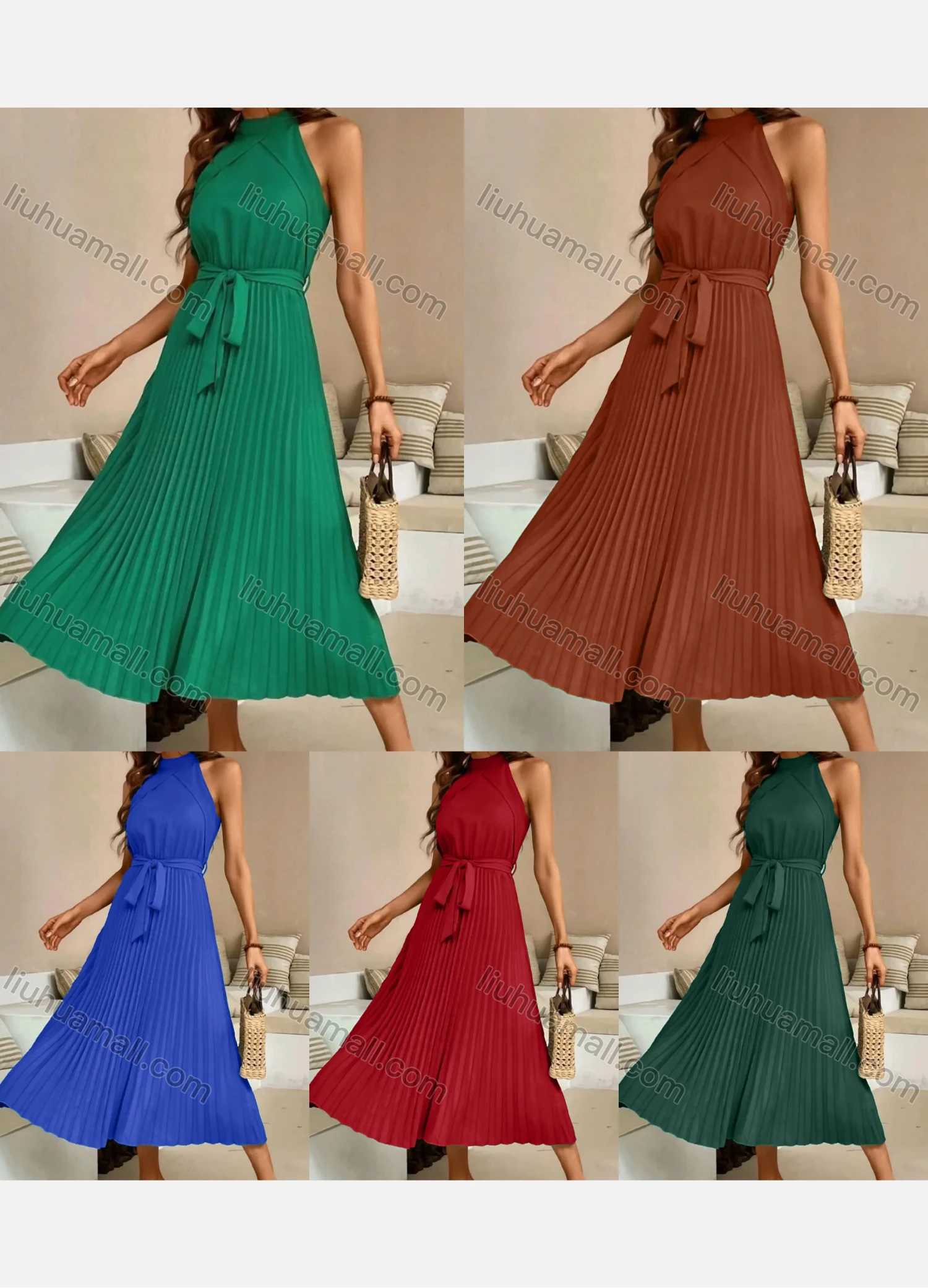 Wholesale Women's Casual Plain Ruched Pleated Midi Halter Dress With Belt - Liuhuamall