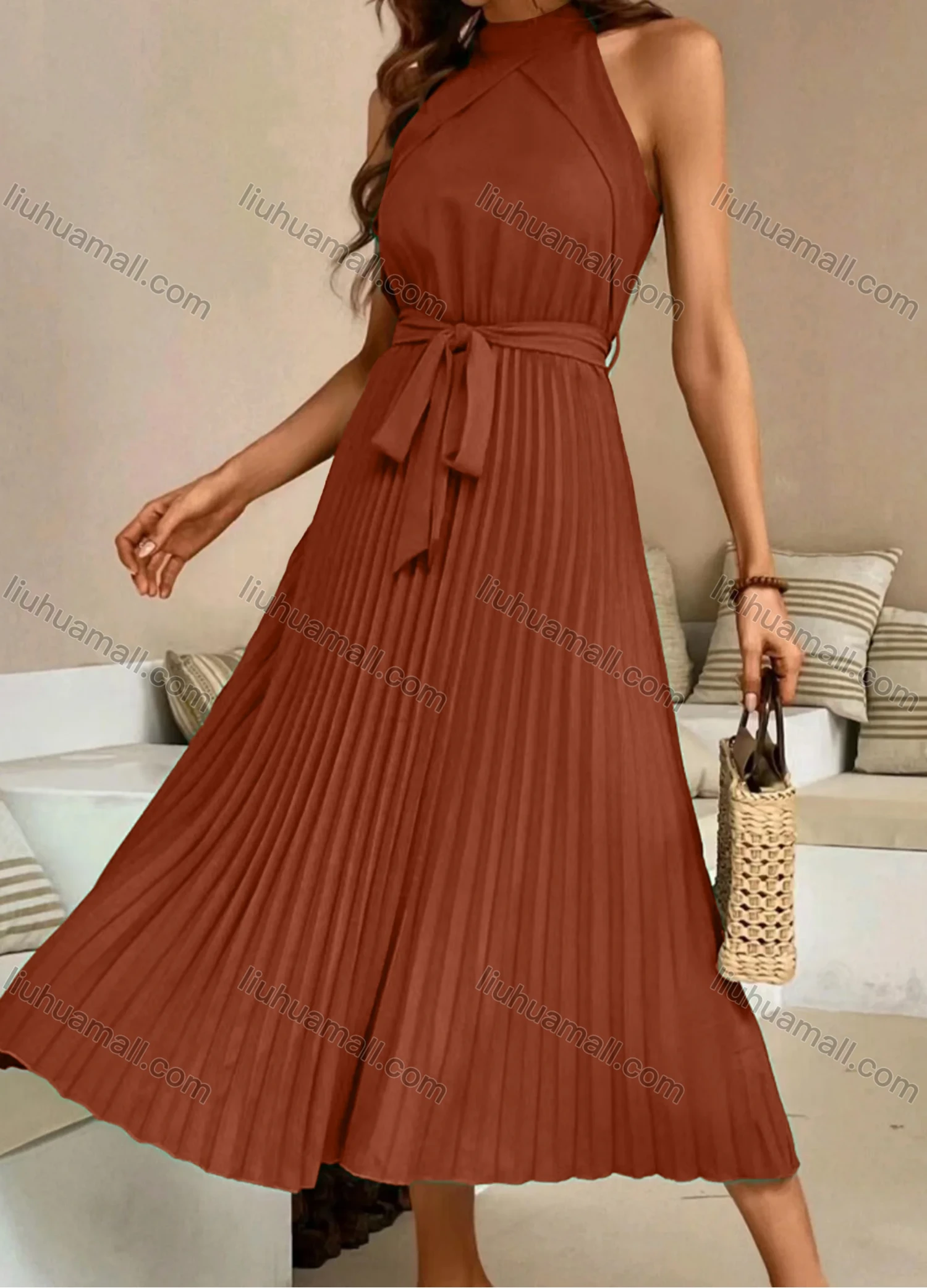 Wholesale Women's Casual Plain Ruched Pleated Midi Halter Dress With Belt - Liuhuamall