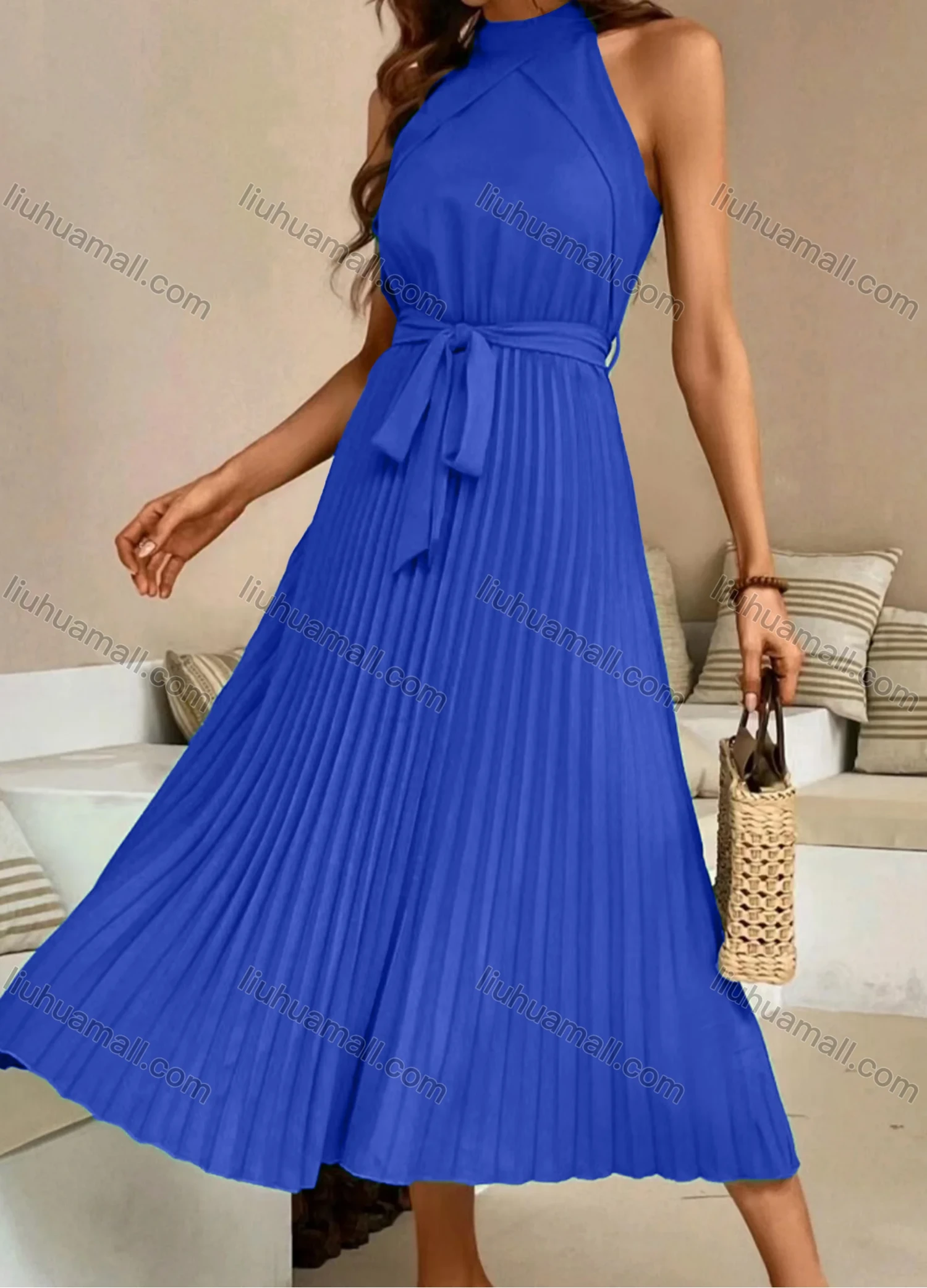 Wholesale Women's Casual Plain Ruched Pleated Midi Halter Dress With Belt - Liuhuamall