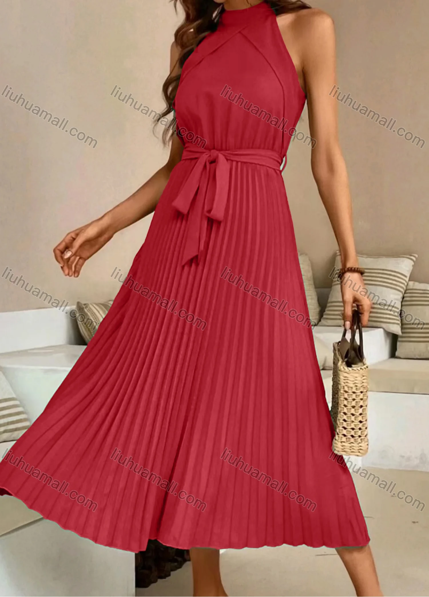 Wholesale Women's Casual Plain Ruched Pleated Midi Halter Dress With Belt - Liuhuamall