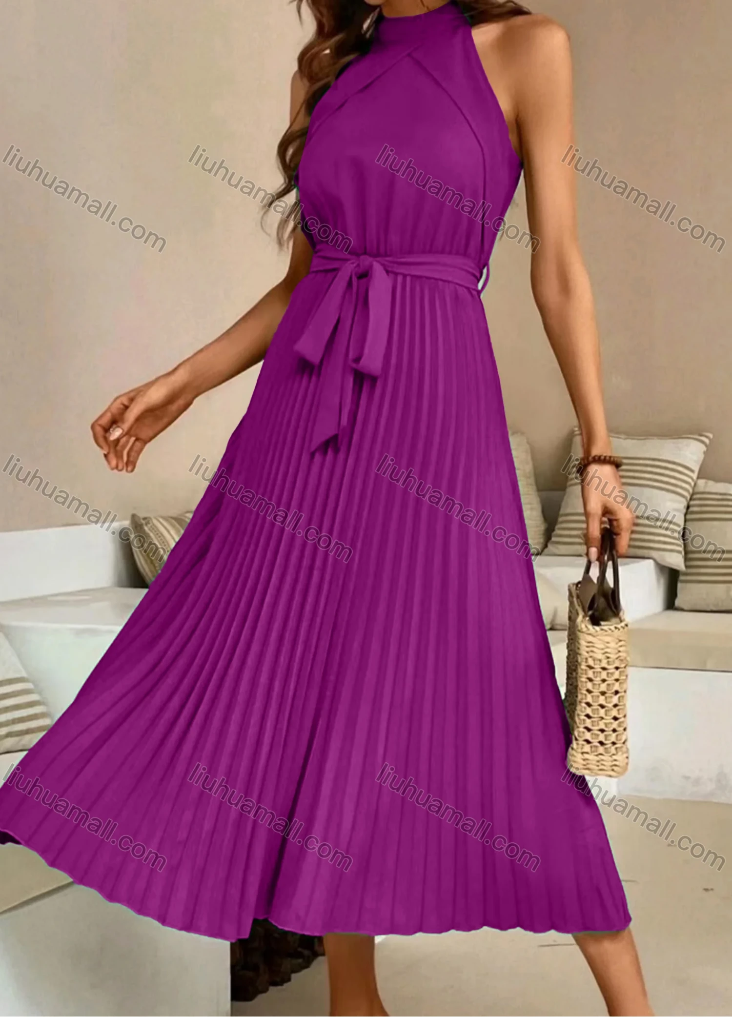 Wholesale Women's Casual Plain Ruched Pleated Midi Halter Dress With Belt - Liuhuamall