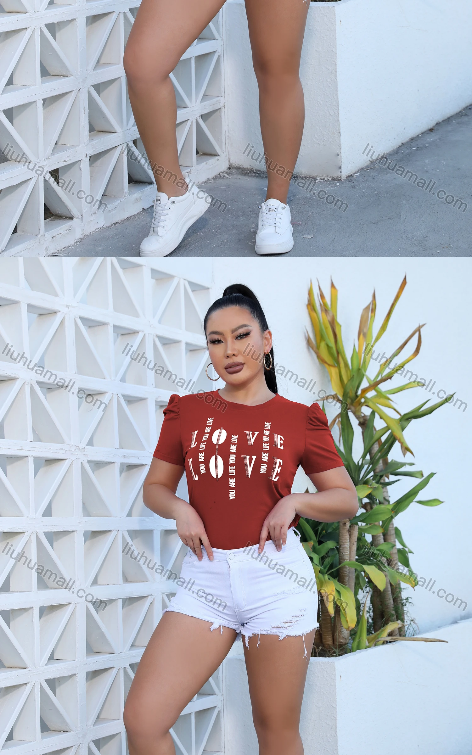 Wholesale Women's Casual Crew Neck Puff Sleeve Letter Top - Liuhuamall