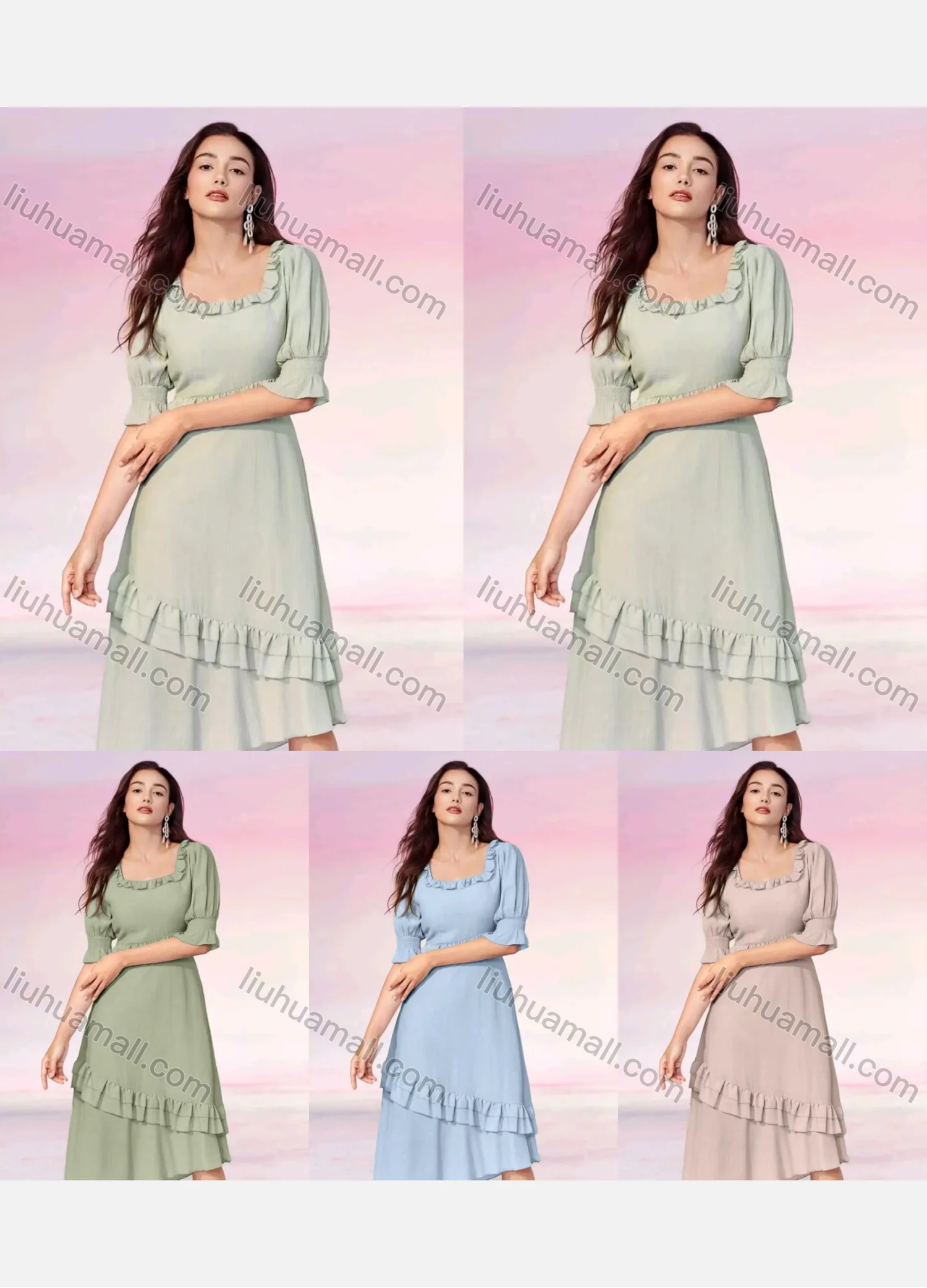 Wholesale Women's Casual Plain Ruffle Trim Square Neck Half Sleeve Layered Asymmetrical Hem Midi Dress - Liuhuamall