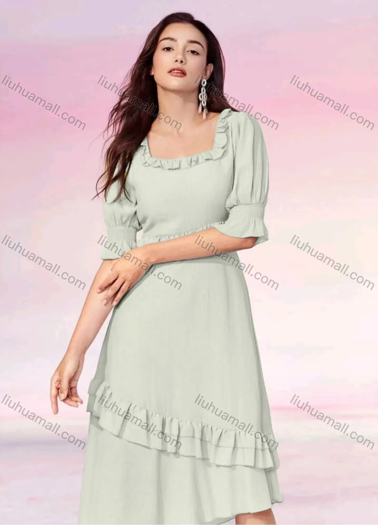 Wholesale Women's Casual Plain Ruffle Trim Square Neck Half Sleeve Layered Asymmetrical Hem Midi Dress - Liuhuamall