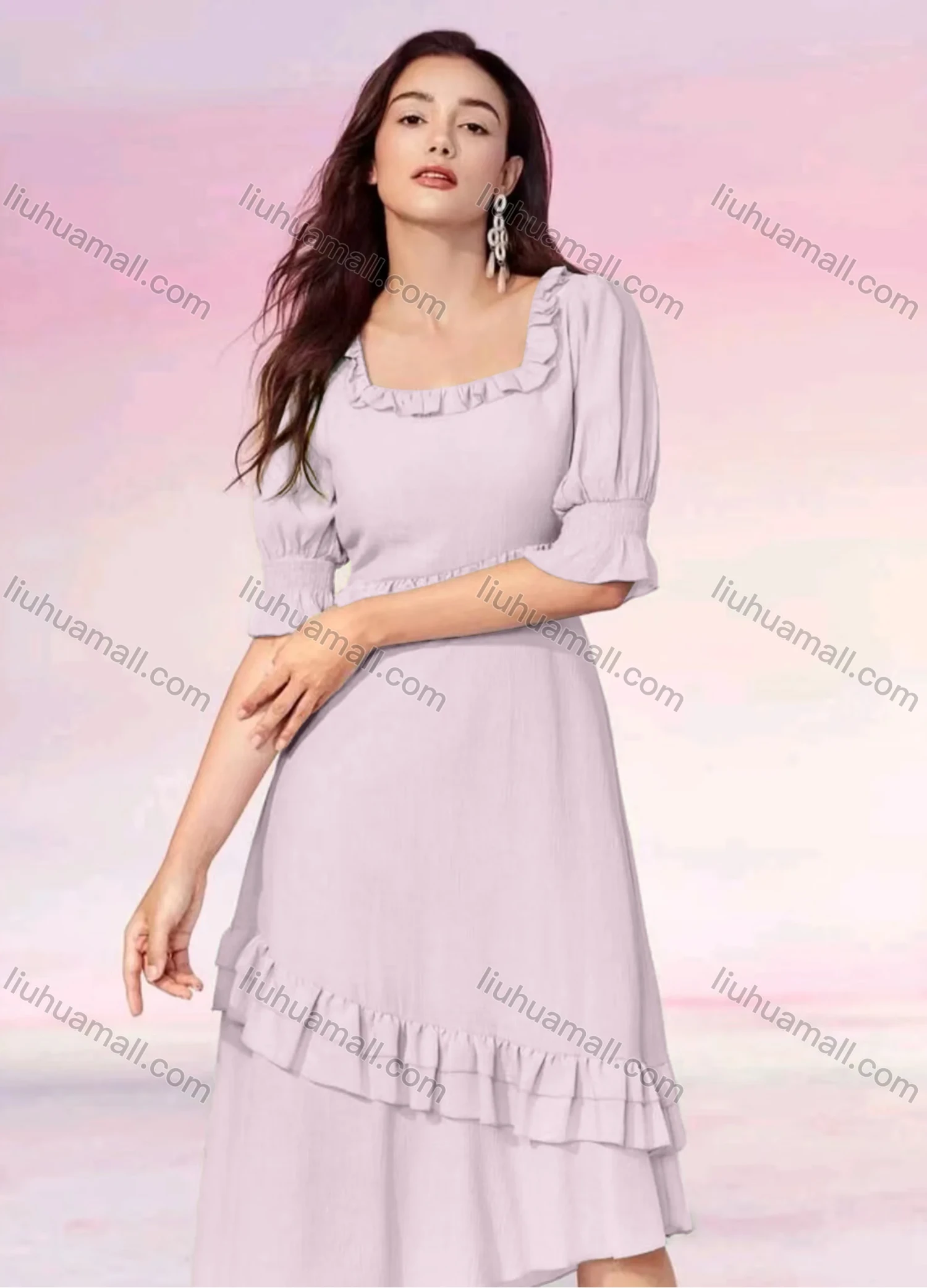 Wholesale Women's Casual Plain Ruffle Trim Square Neck Half Sleeve Layered Asymmetrical Hem Midi Dress - Liuhuamall