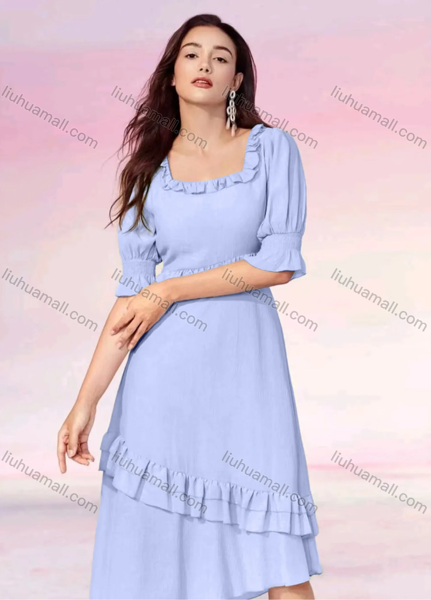 Wholesale Women's Casual Plain Ruffle Trim Square Neck Half Sleeve Layered Asymmetrical Hem Midi Dress - Liuhuamall