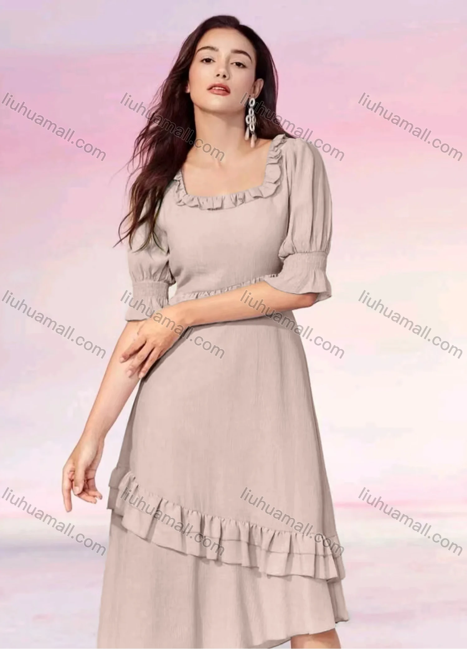 Wholesale Women's Casual Plain Ruffle Trim Square Neck Half Sleeve Layered Asymmetrical Hem Midi Dress - Liuhuamall