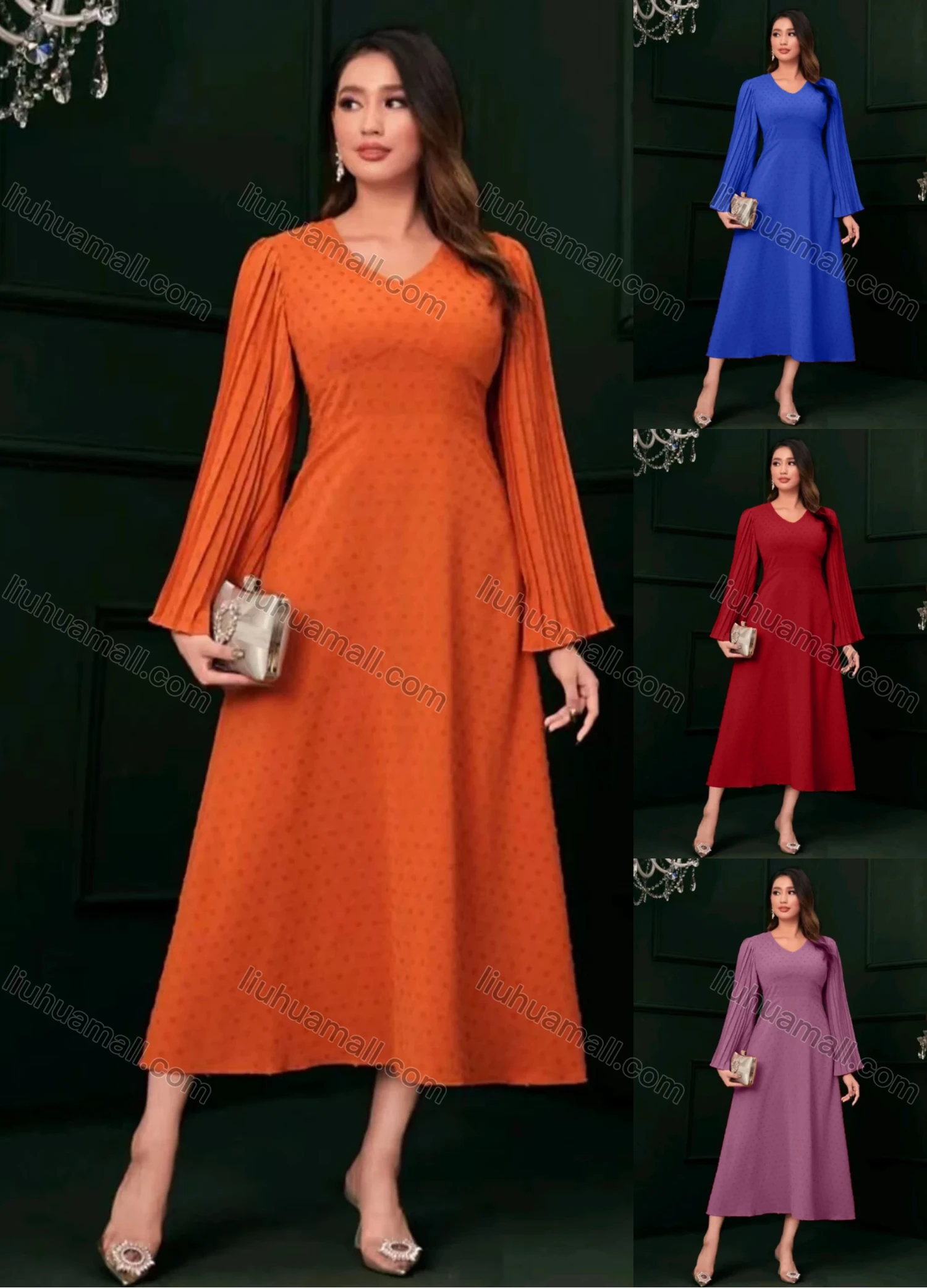 Wholesale Women's Casual Plain V Neck Swiss Dot Pleated Long Sleeve Maxi Dress - Liuhuamall