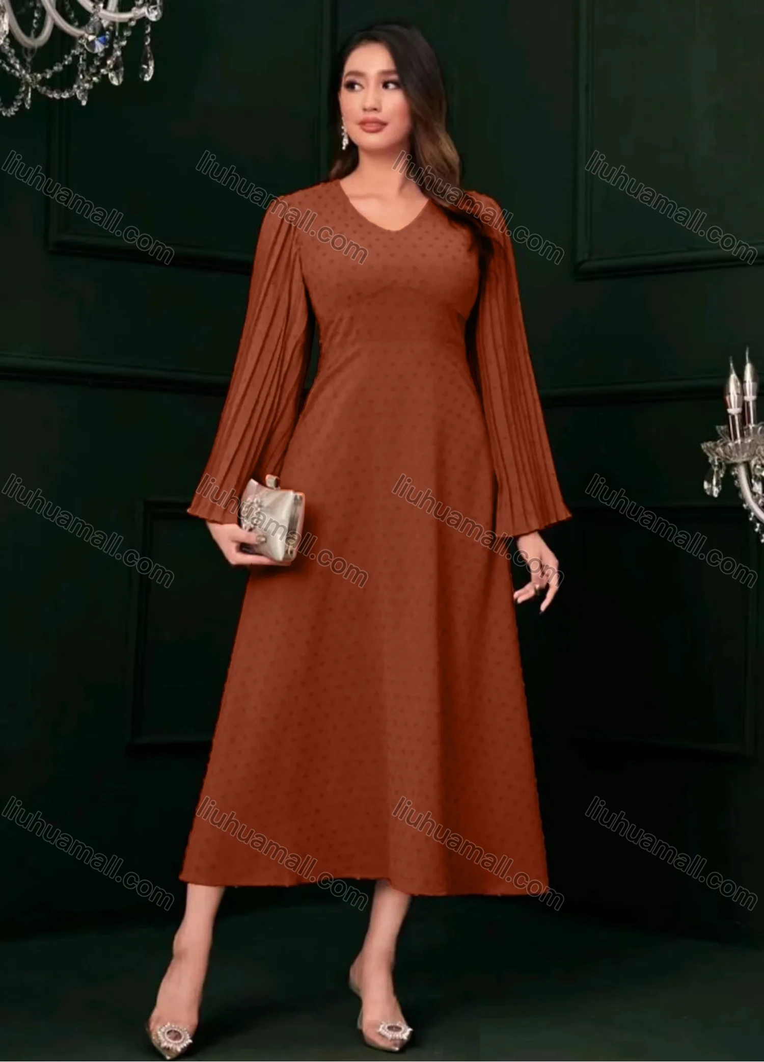 Wholesale Women's Casual Plain V Neck Swiss Dot Pleated Long Sleeve Maxi Dress - Liuhuamall