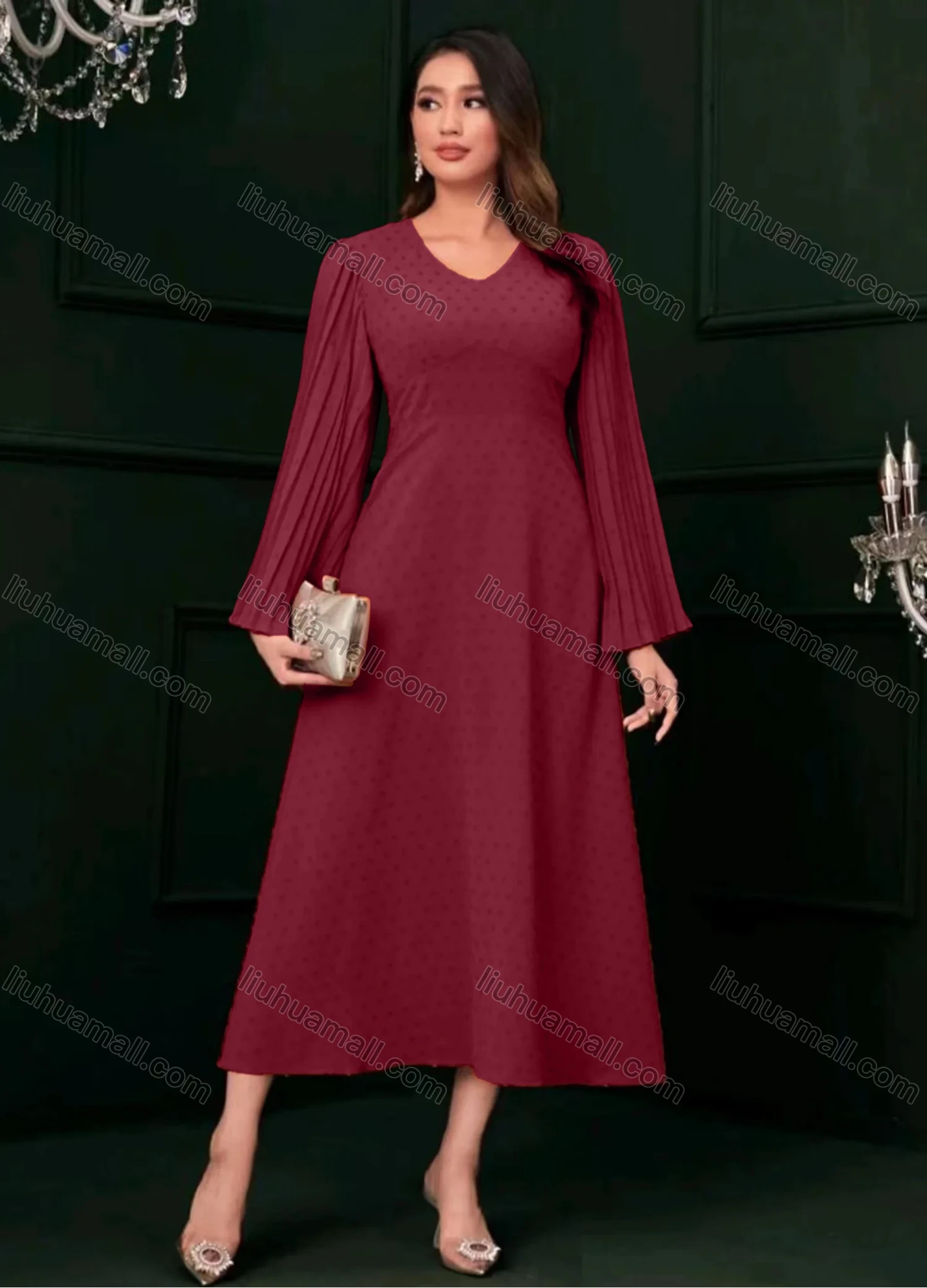 Wholesale Women's Casual Plain V Neck Swiss Dot Pleated Long Sleeve Maxi Dress - Liuhuamall