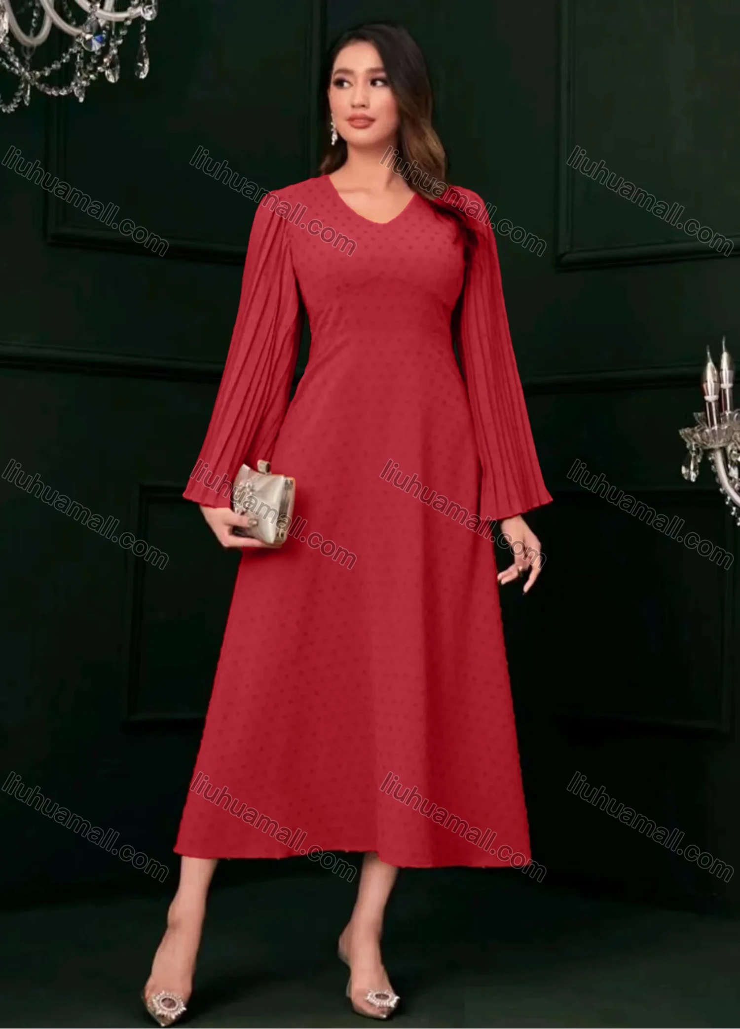 Wholesale Women's Casual Plain V Neck Swiss Dot Pleated Long Sleeve Maxi Dress - Liuhuamall