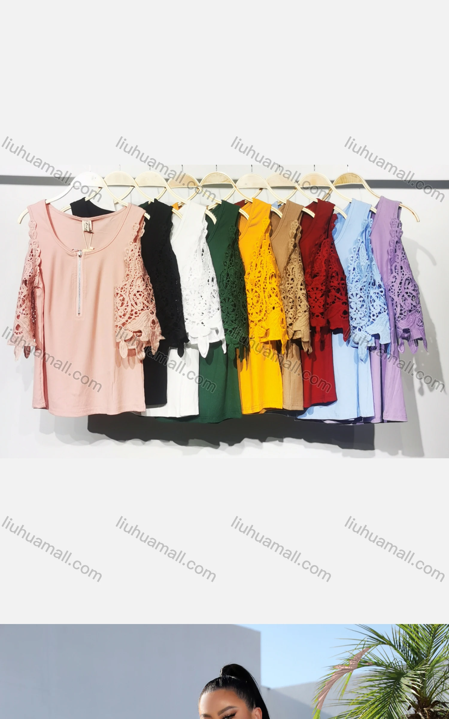 Wholesale Women's Casual Scoop Neck Mesh Sleeve Quarter Zip Embroidered Top - Liuhuamall