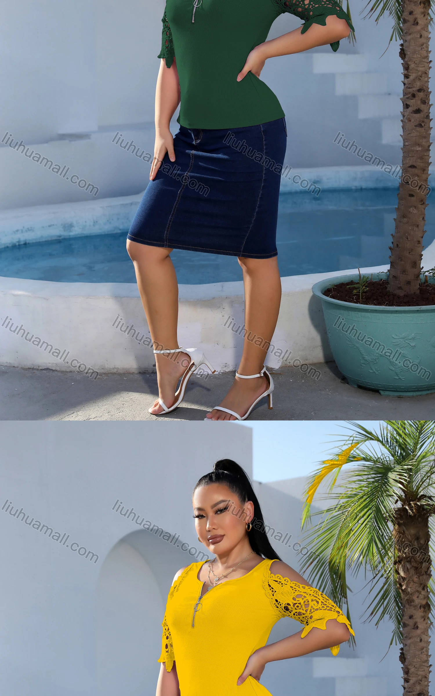 Wholesale Women's Casual Scoop Neck Mesh Sleeve Quarter Zip Embroidered Top - Liuhuamall