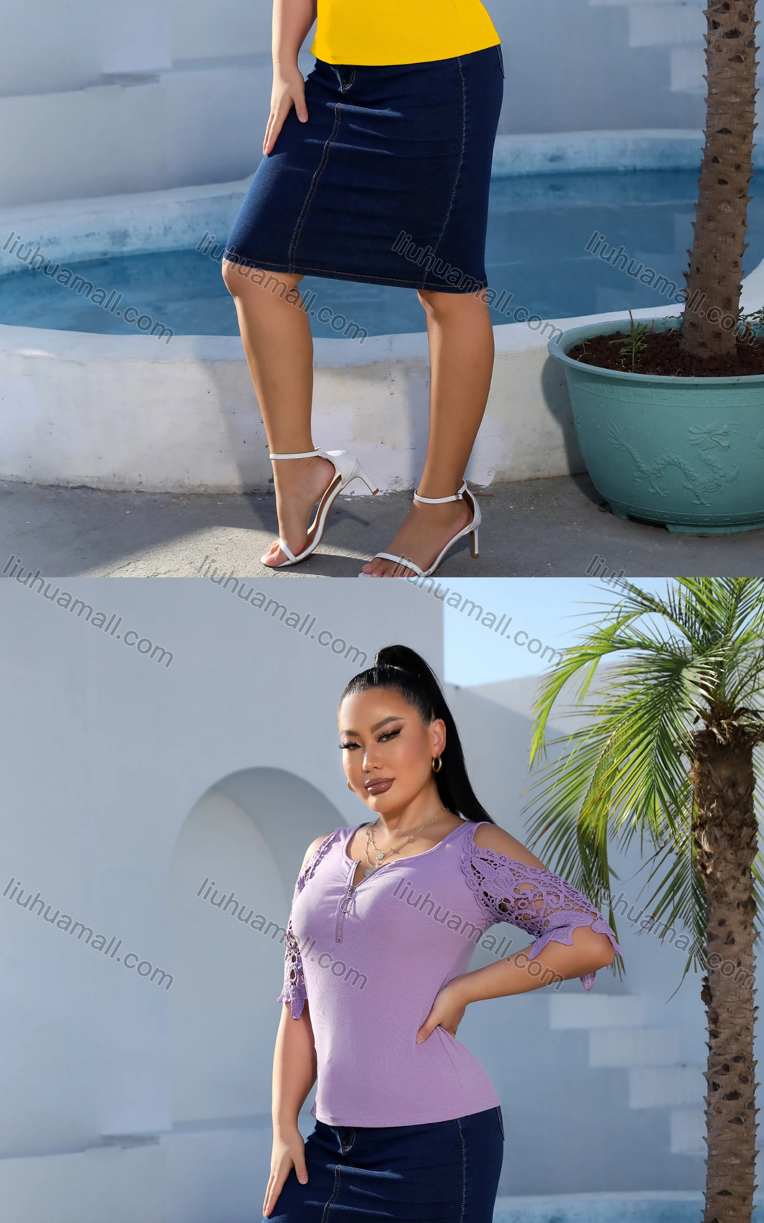 Wholesale Women's Casual Scoop Neck Mesh Sleeve Quarter Zip Embroidered Top - Liuhuamall