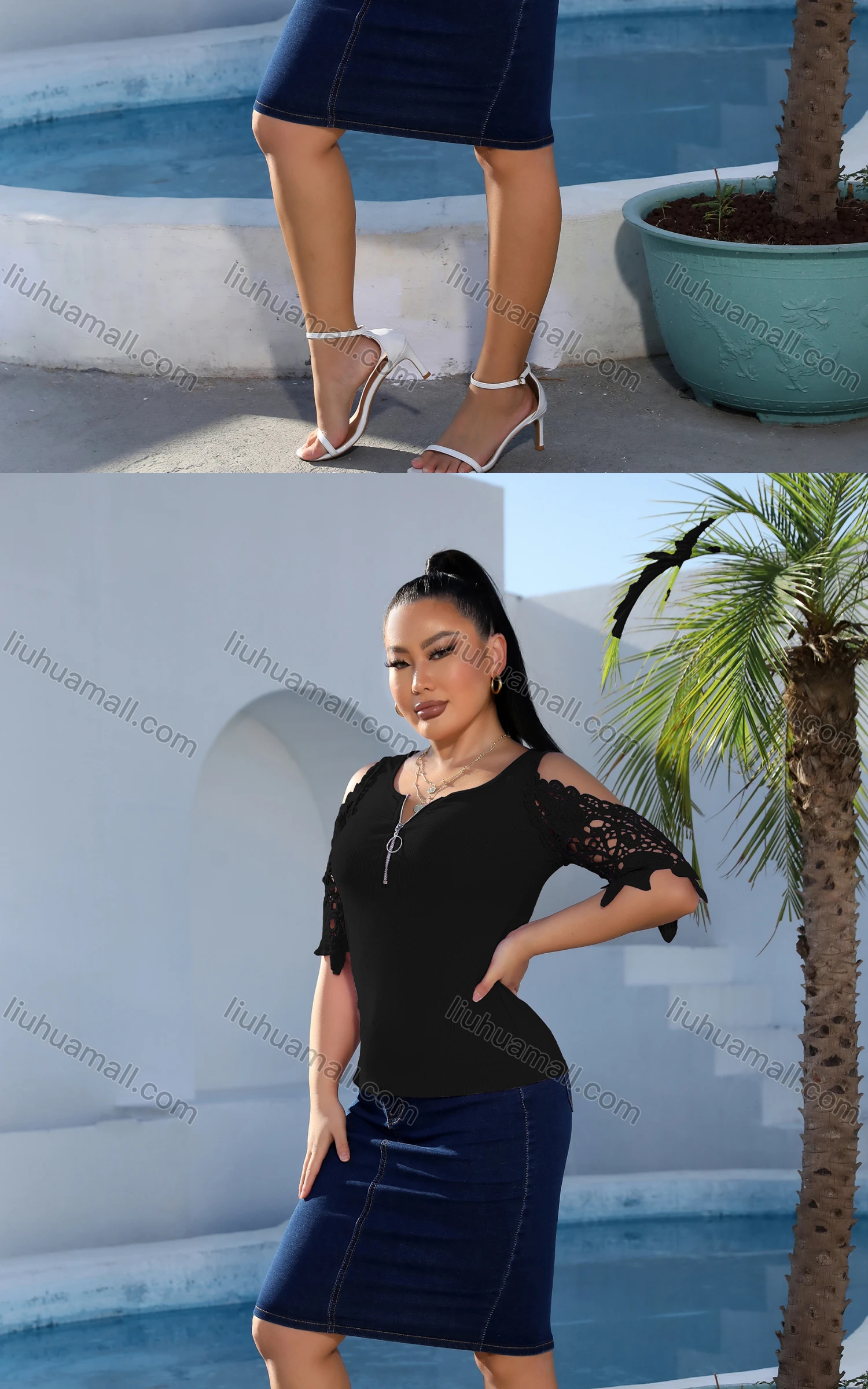 Wholesale Women's Casual Scoop Neck Mesh Sleeve Quarter Zip Embroidered Top - Liuhuamall