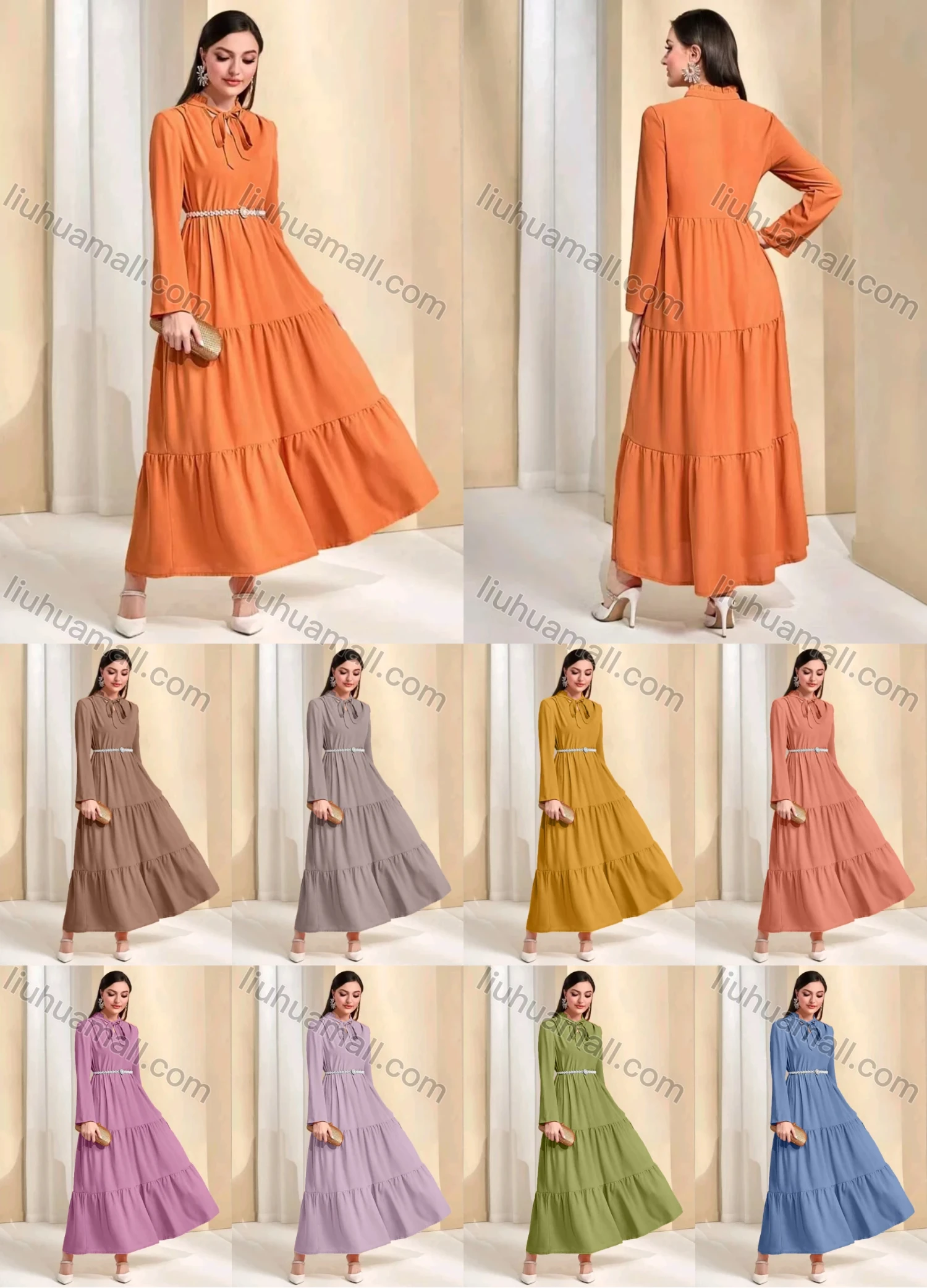 Wholesale Women's Casual Plain Tie Neck Ruched Long Sleeve Maxi Dress With Belt - Liuhuamall