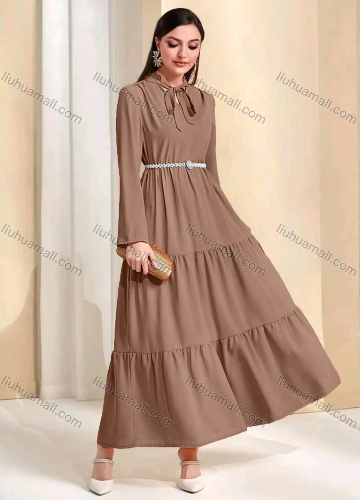 Wholesale Women's Casual Plain Tie Neck Ruched Long Sleeve Maxi Dress With Belt - Liuhuamall