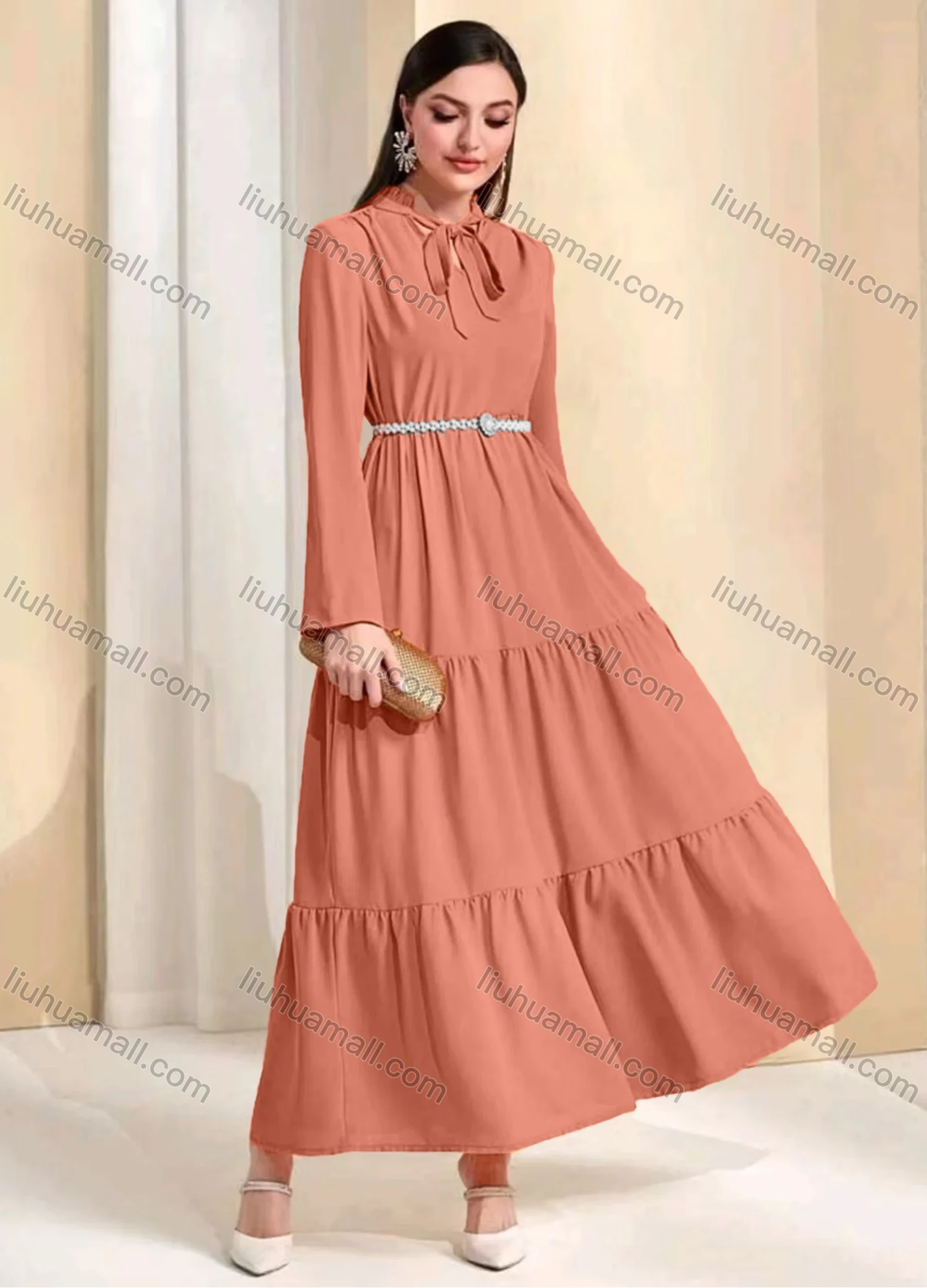 Wholesale Women's Casual Plain Tie Neck Ruched Long Sleeve Maxi Dress With Belt - Liuhuamall