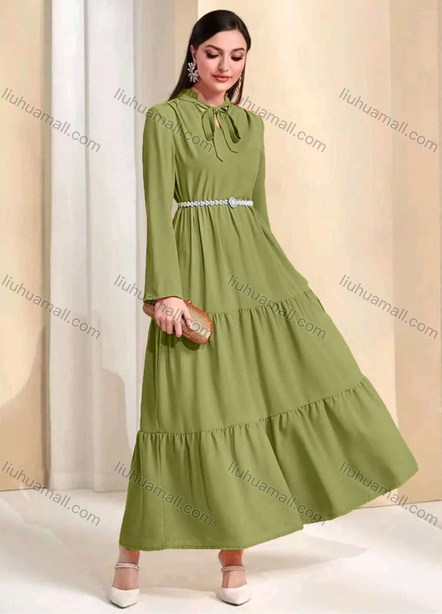 Wholesale Women's Casual Plain Tie Neck Ruched Long Sleeve Maxi Dress With Belt - Liuhuamall