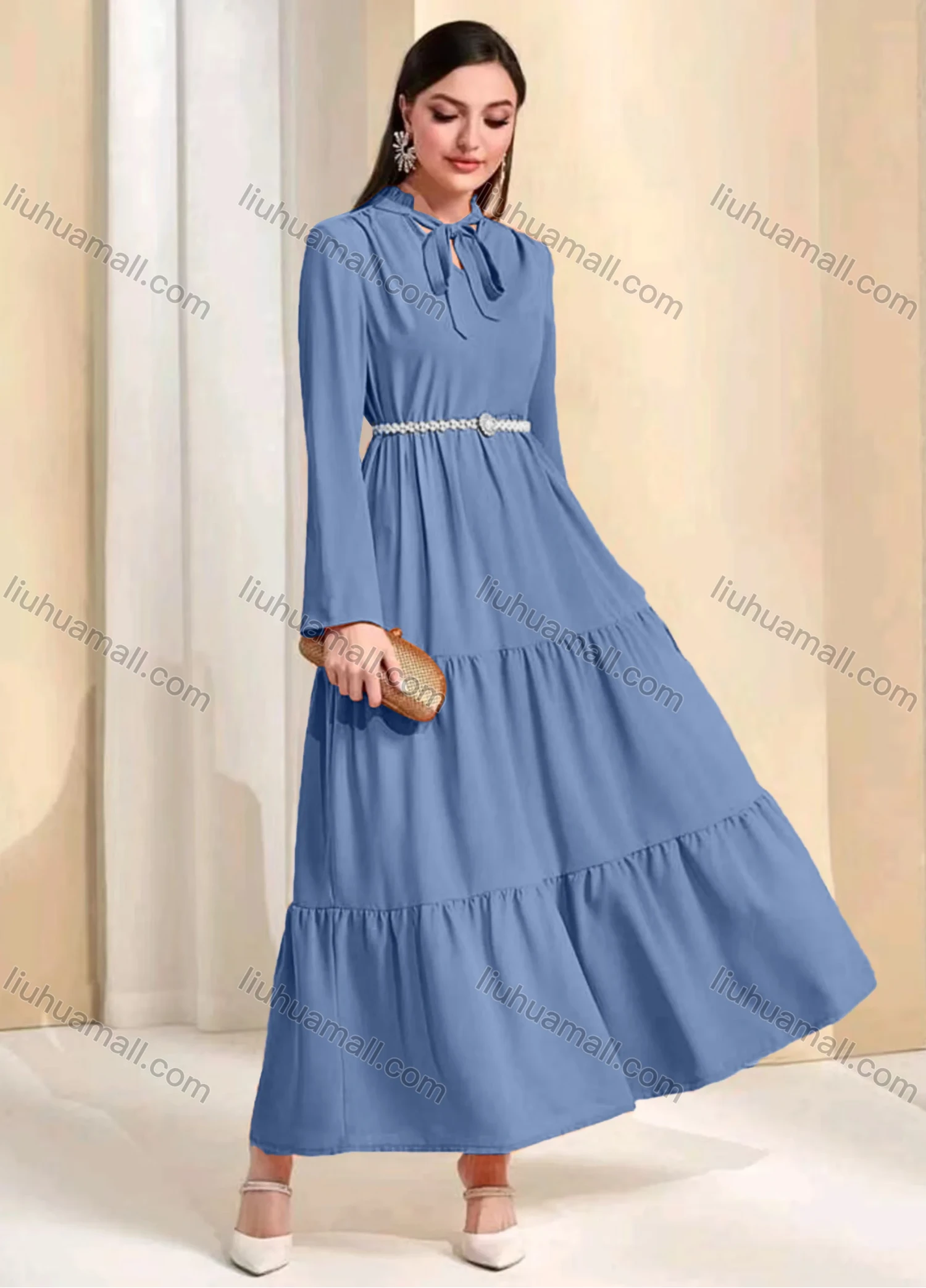 Wholesale Women's Casual Plain Tie Neck Ruched Long Sleeve Maxi Dress With Belt - Liuhuamall
