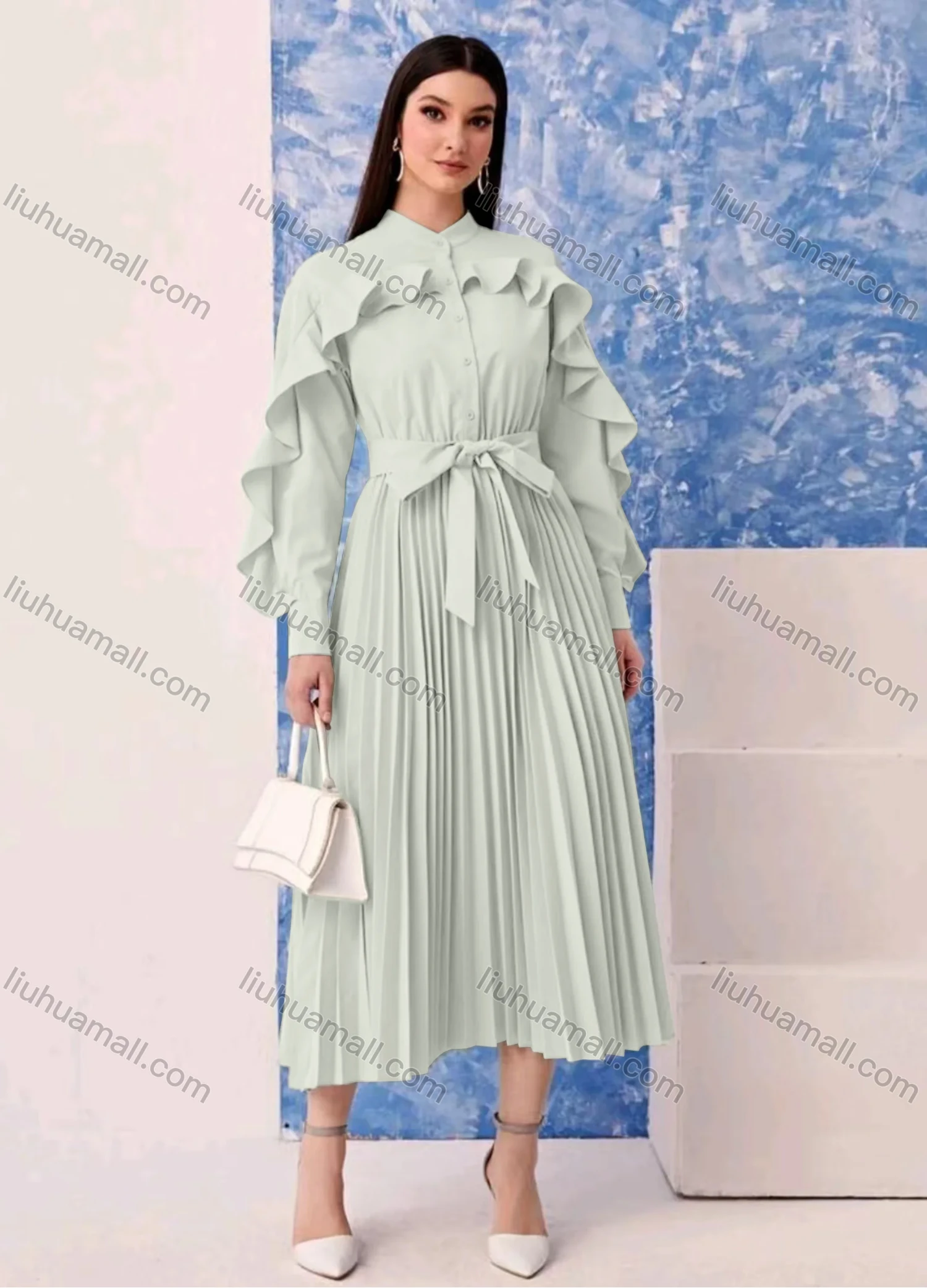 Wholesale Women's Fashion Plain Button Front Ruffle Trim Long Sleeve Pleated Midi Dress With Belt - Liuhuamall
