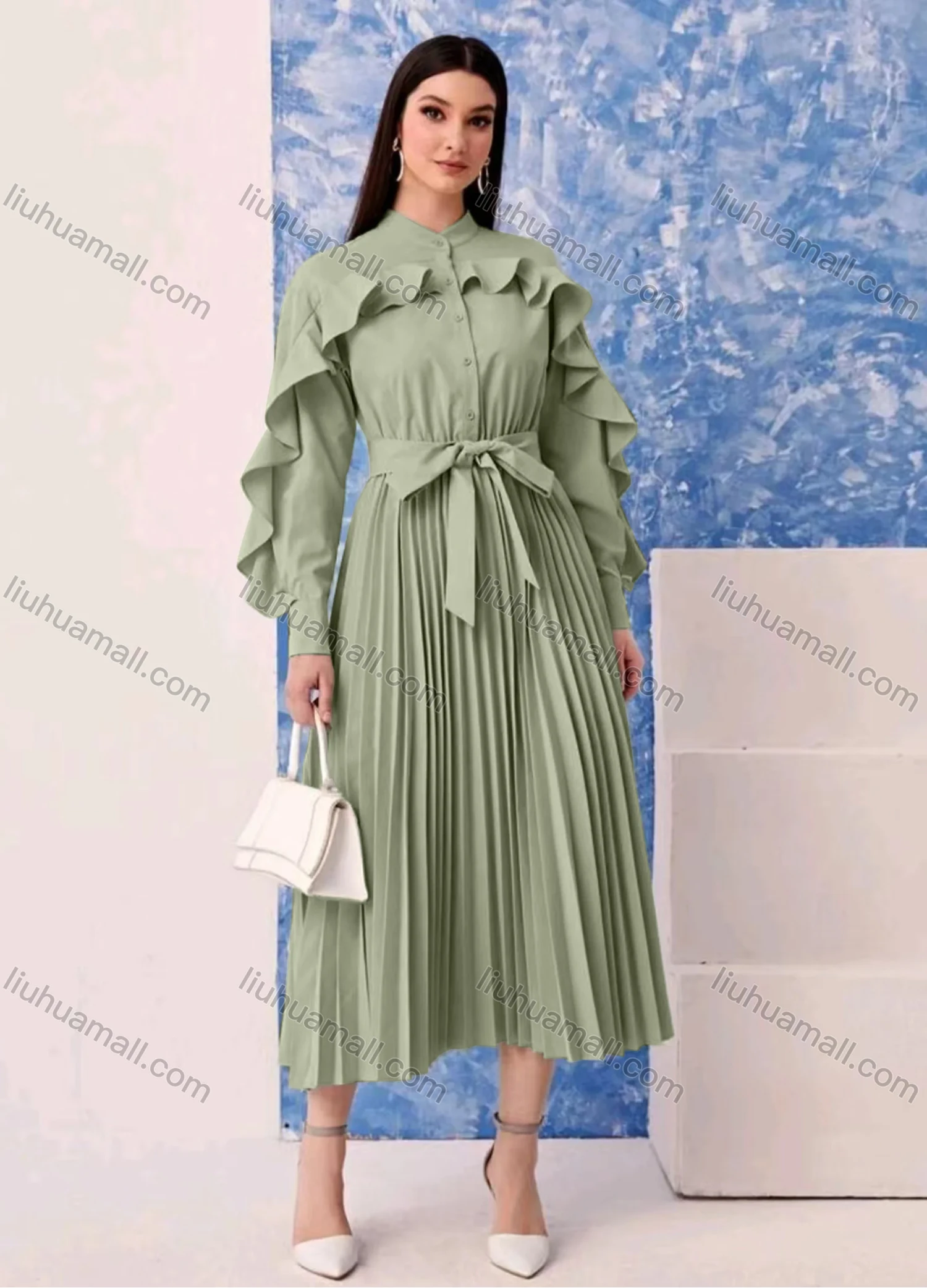 Wholesale Women's Fashion Plain Button Front Ruffle Trim Long Sleeve Pleated Midi Dress With Belt - Liuhuamall