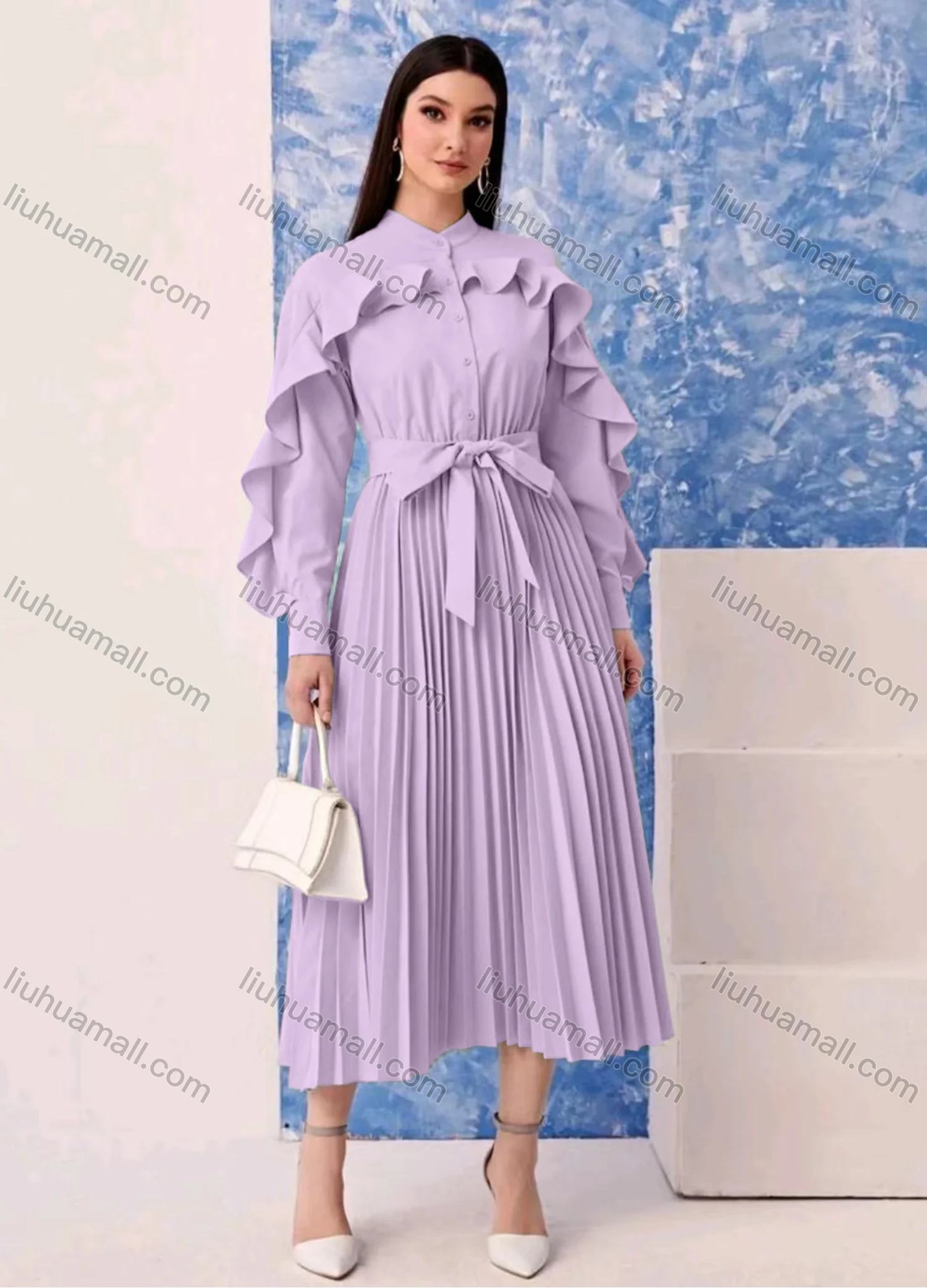 Wholesale Women's Fashion Plain Button Front Ruffle Trim Long Sleeve Pleated Midi Dress With Belt - Liuhuamall
