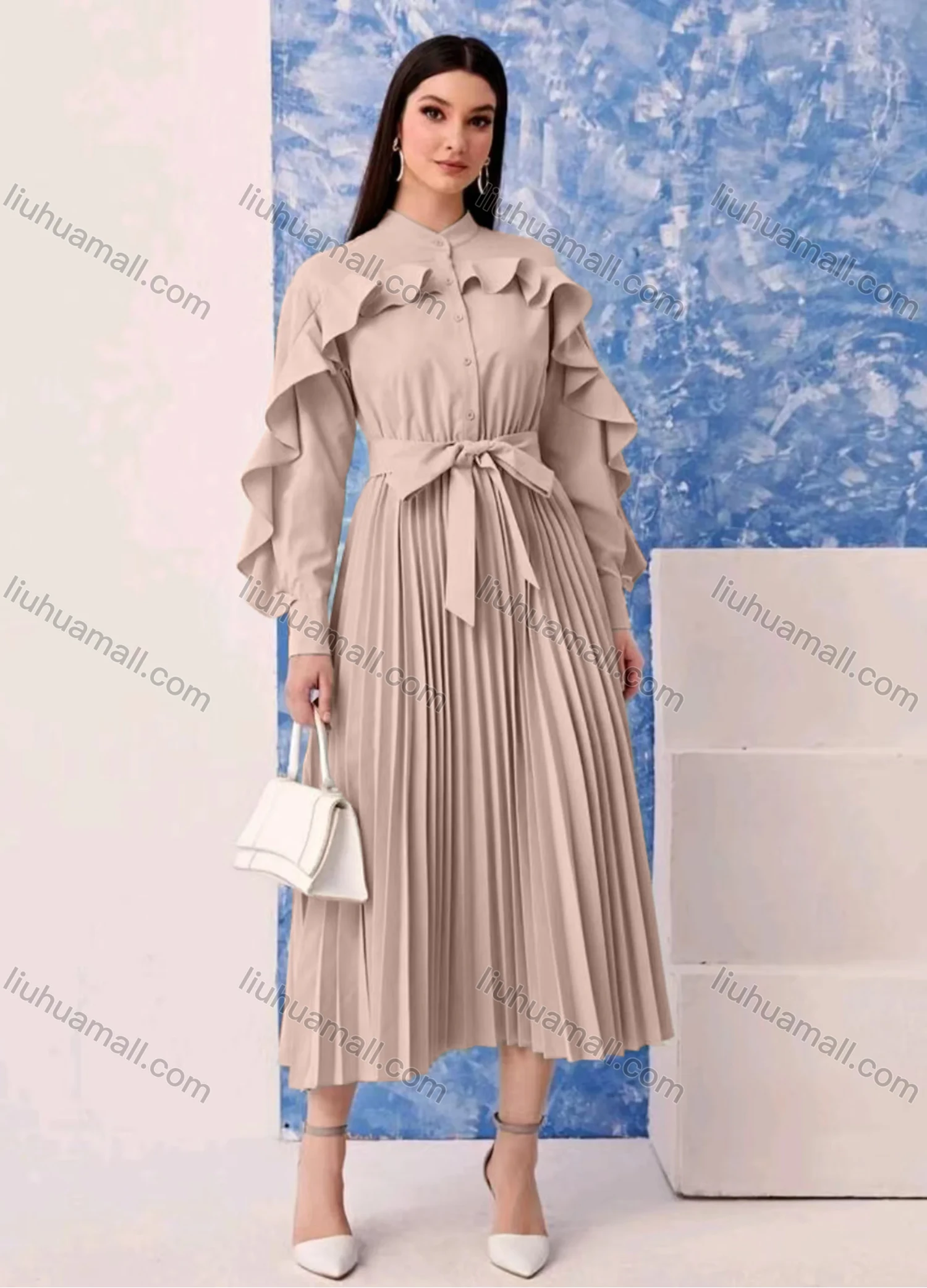 Wholesale Women's Fashion Plain Button Front Ruffle Trim Long Sleeve Pleated Midi Dress With Belt - Liuhuamall