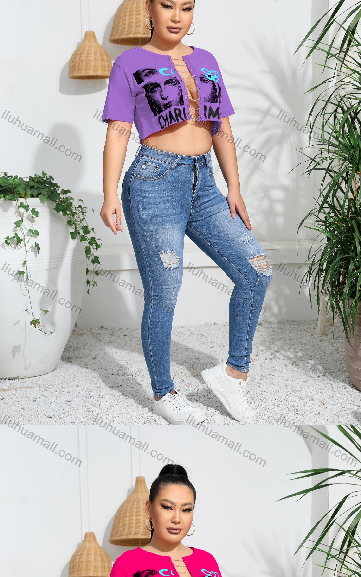 Wholesale Women's Sexy Letter Short Sleeve Graphic Chain Closure Crop Top - Liuhuamall