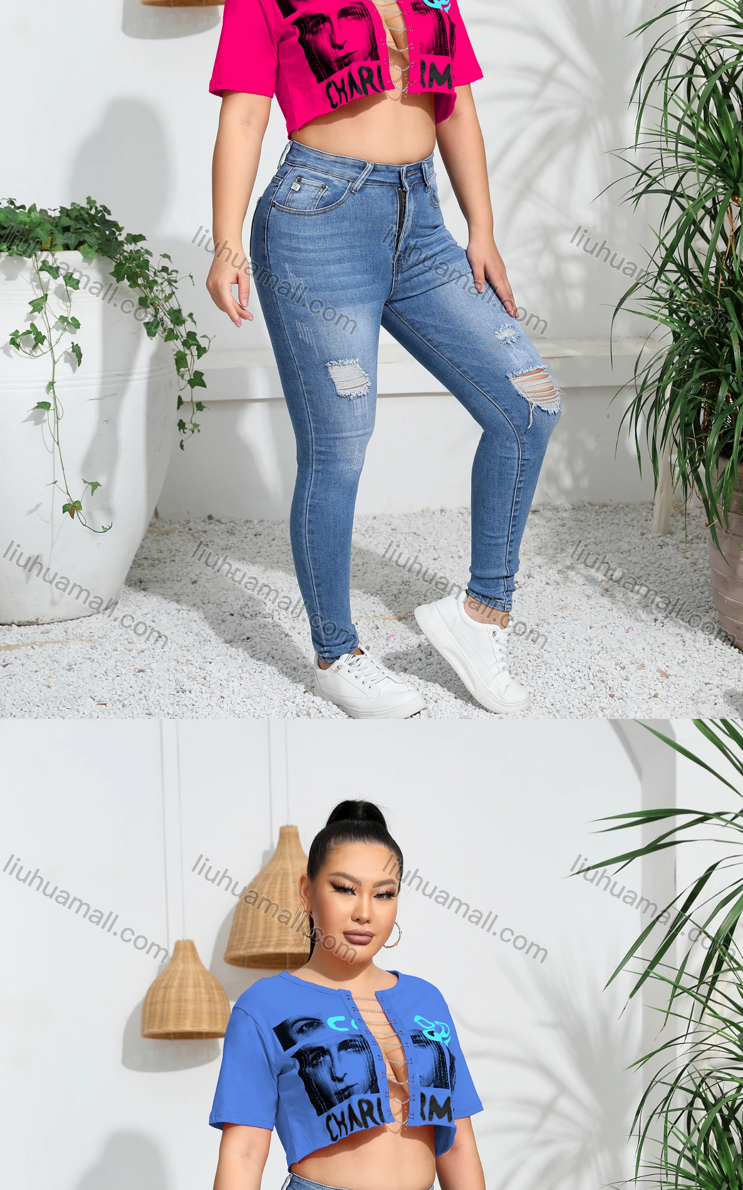 Wholesale Women's Sexy Letter Short Sleeve Graphic Chain Closure Crop Top - Liuhuamall